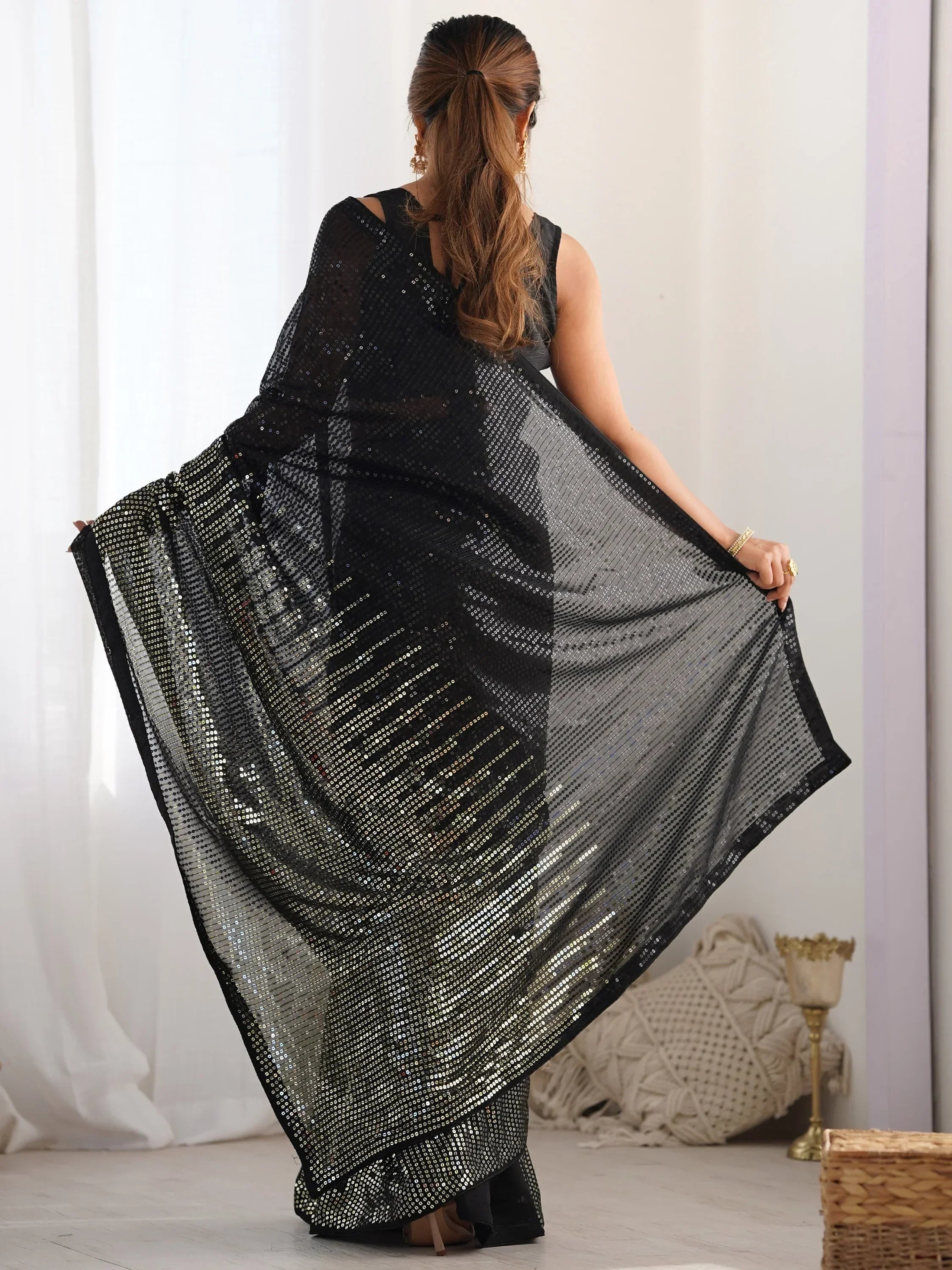 Black Astonishing Sequins Georgette Reception Wear Saree With Blouse