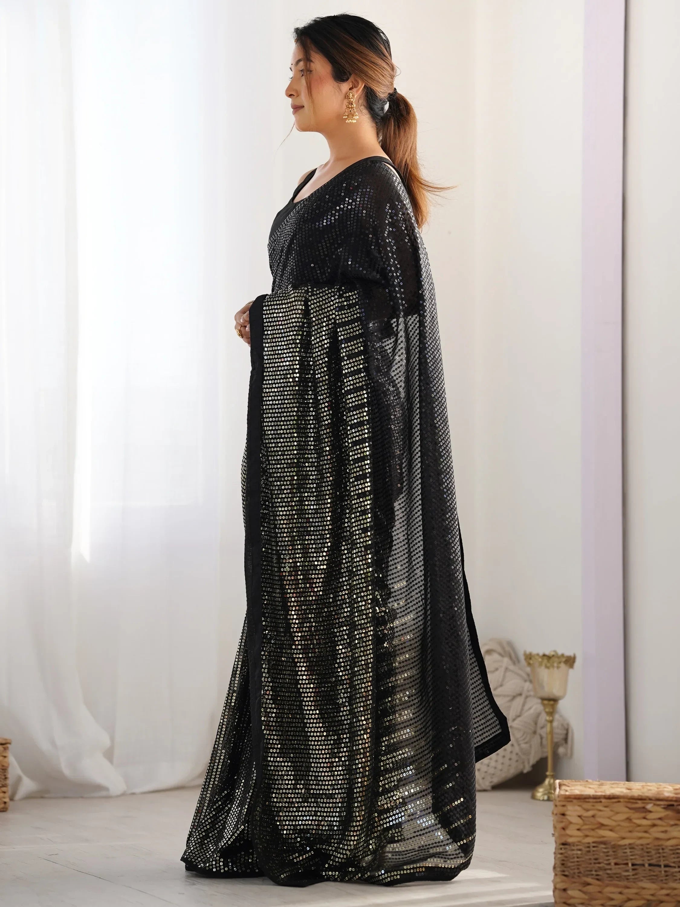 Black Astonishing Sequins Georgette Reception Wear Saree With Blouse