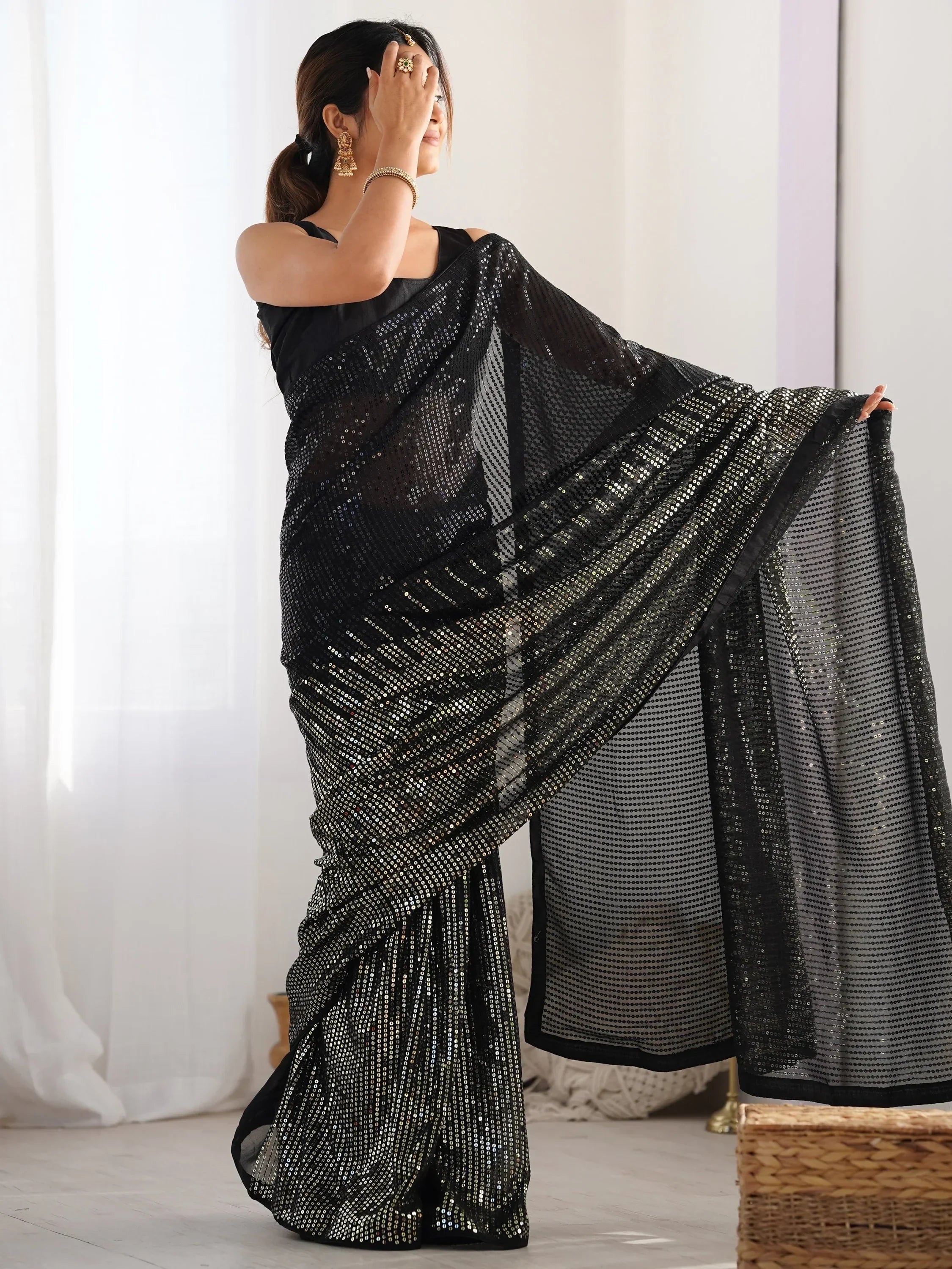 Black Astonishing Sequins Georgette Reception Wear Saree With Blouse
