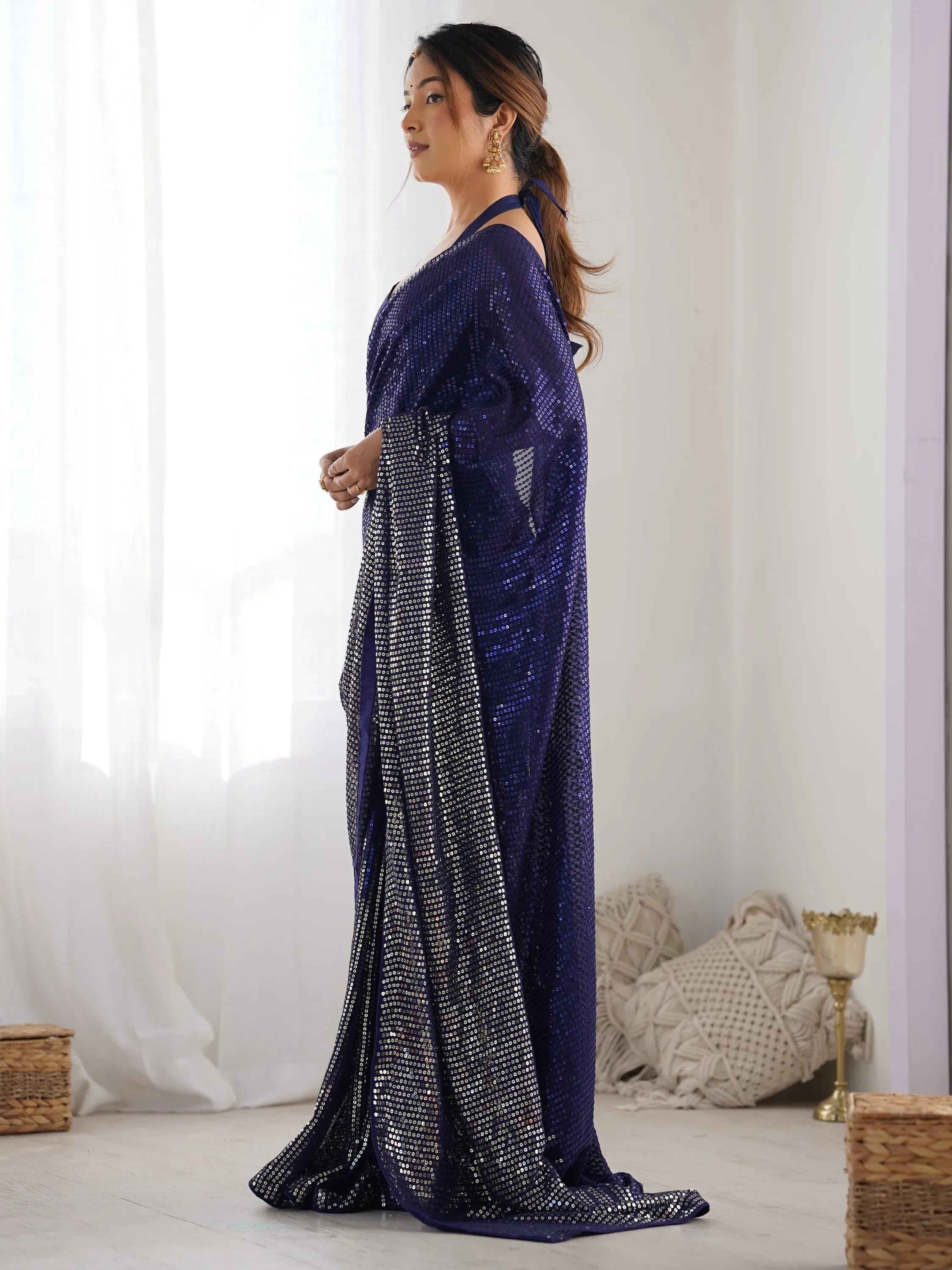 Blue Astonishing Sequins Georgette Reception Wear Saree With Blouse