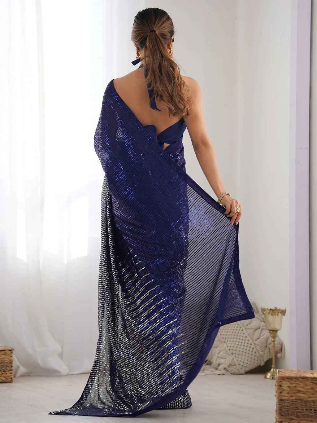 Blue Astonishing Sequins Georgette Reception Wear Saree With Blouse