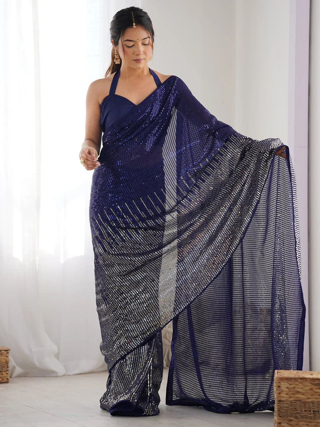 Blue Astonishing Sequins Georgette Reception Wear Saree With Blouse