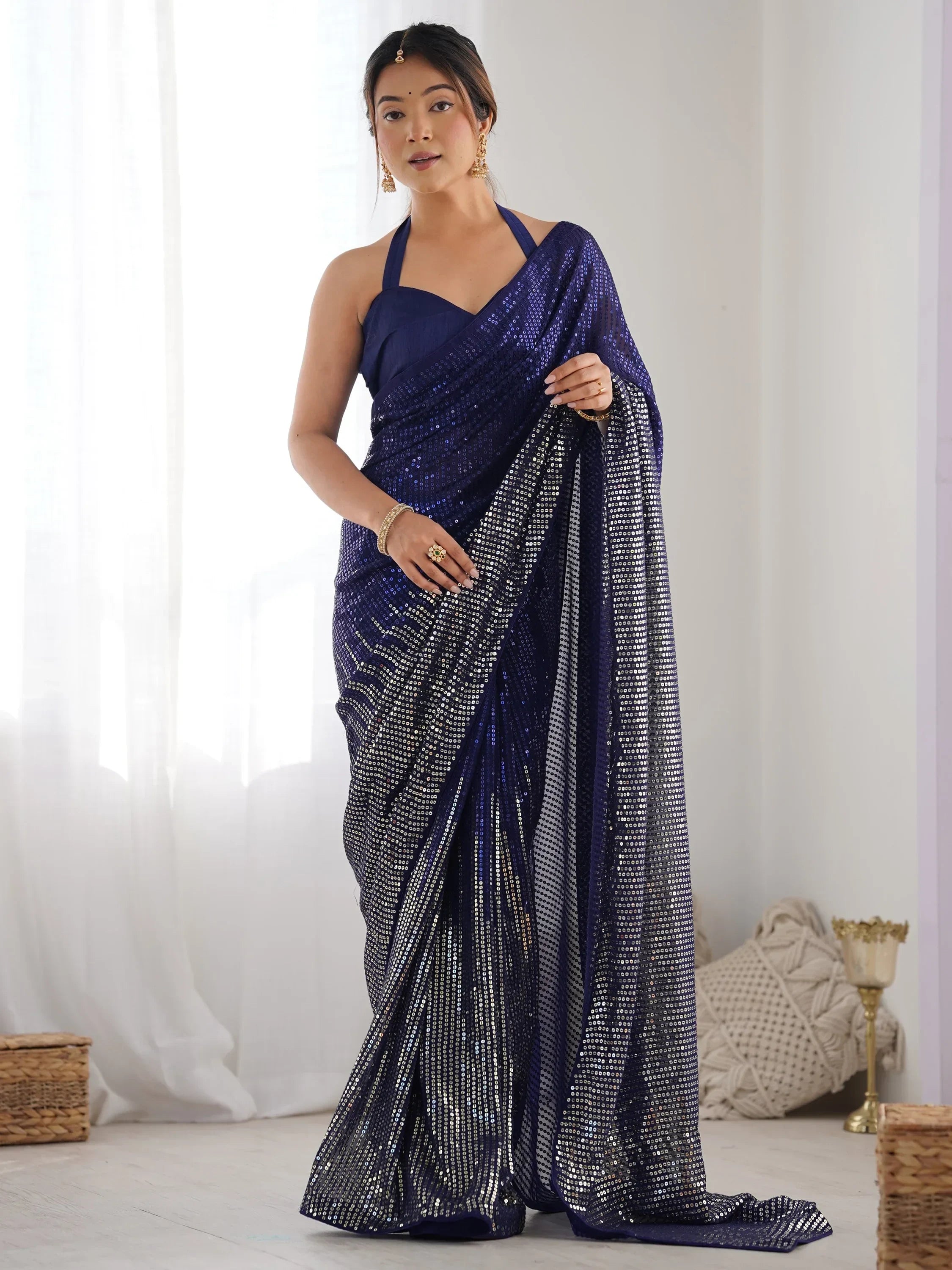 Blue Astonishing Sequins Georgette Reception Wear Saree With Blouse