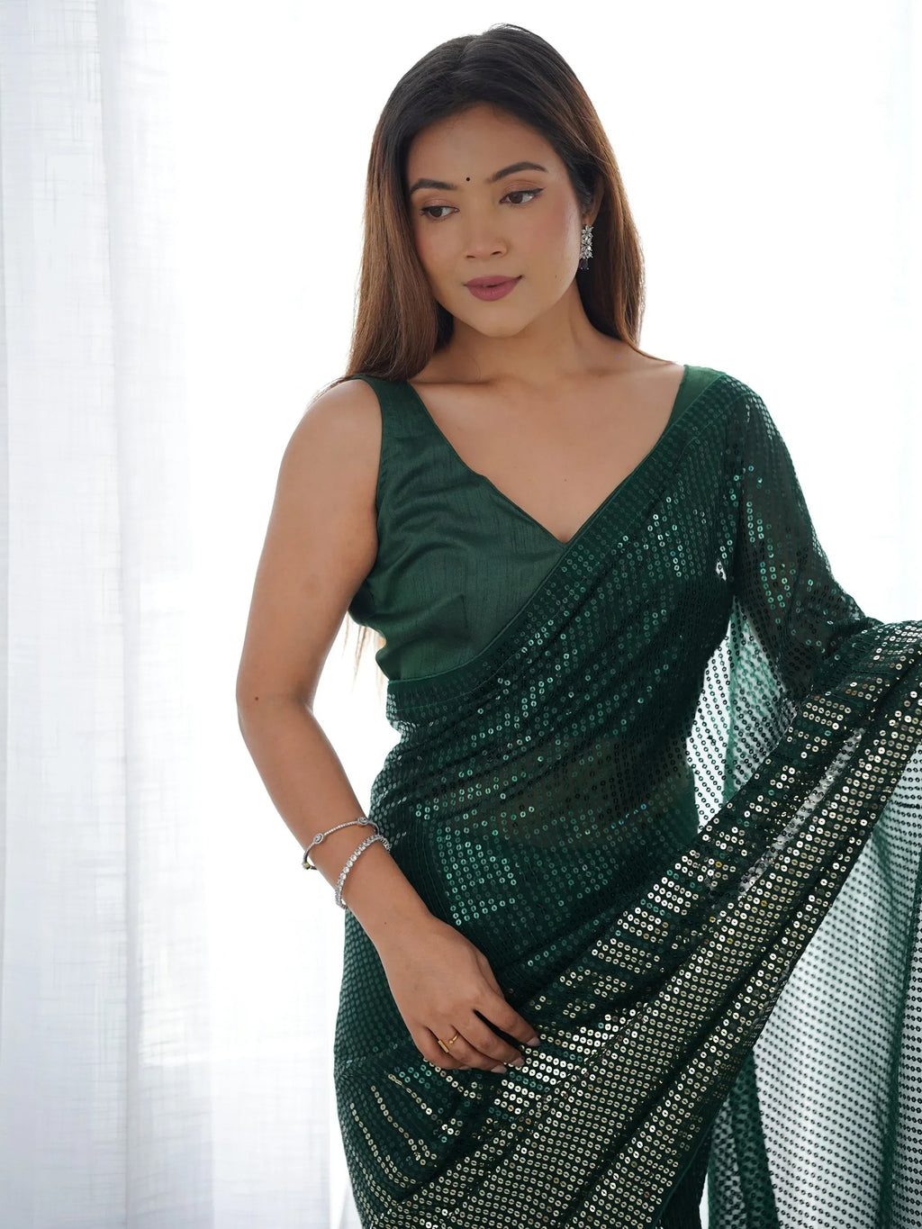 Green Astonishing Sequins Georgette Reception Wear Saree With Blouse