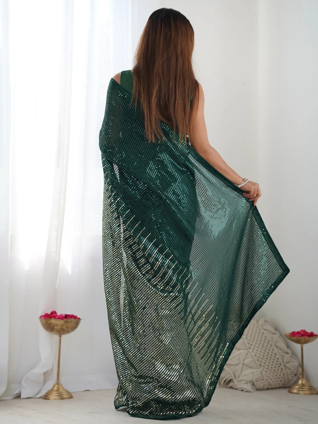 Green Astonishing Sequins Georgette Reception Wear Saree With Blouse