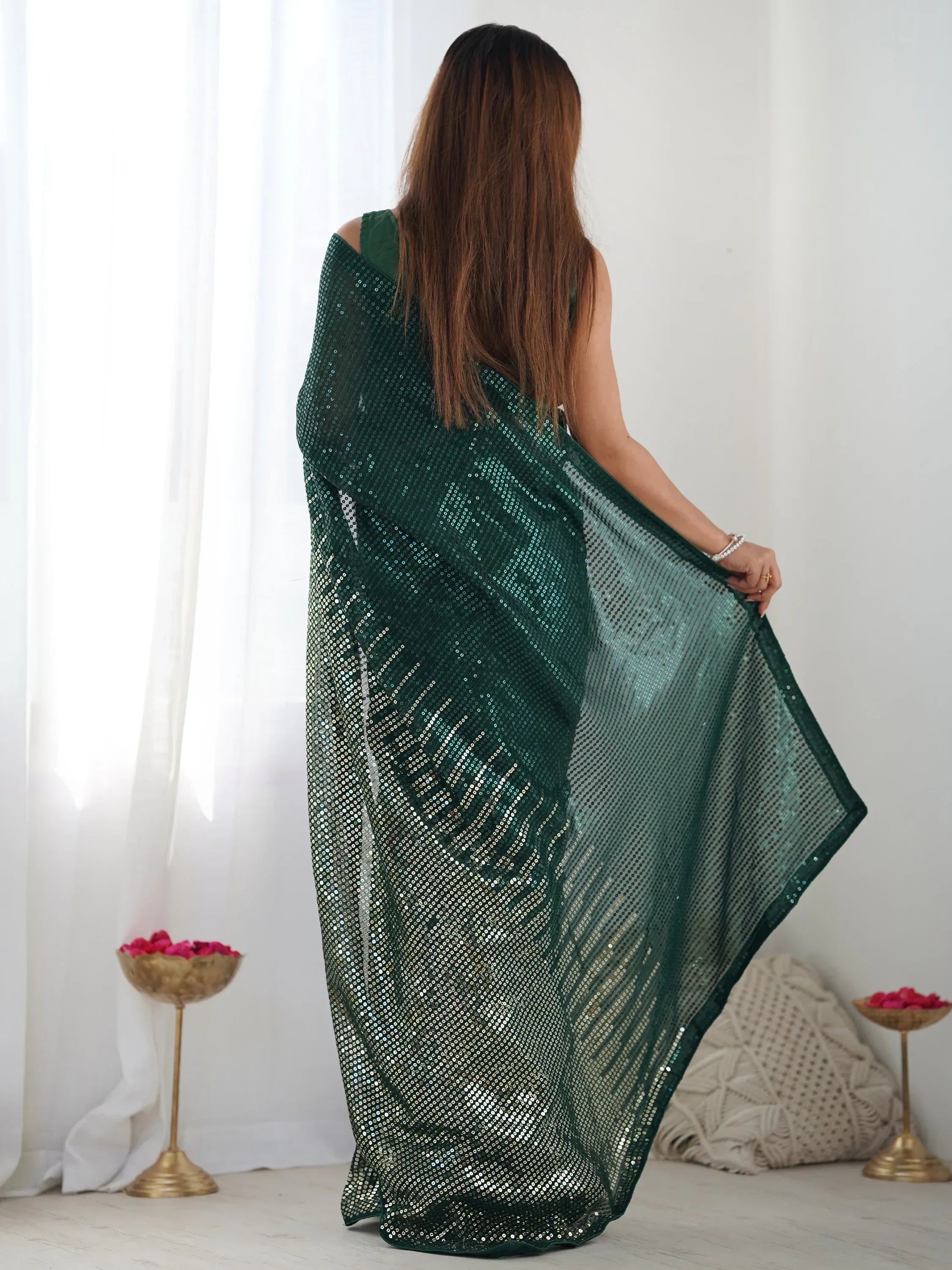 Green Astonishing Sequins Georgette Reception Wear Saree With Blouse