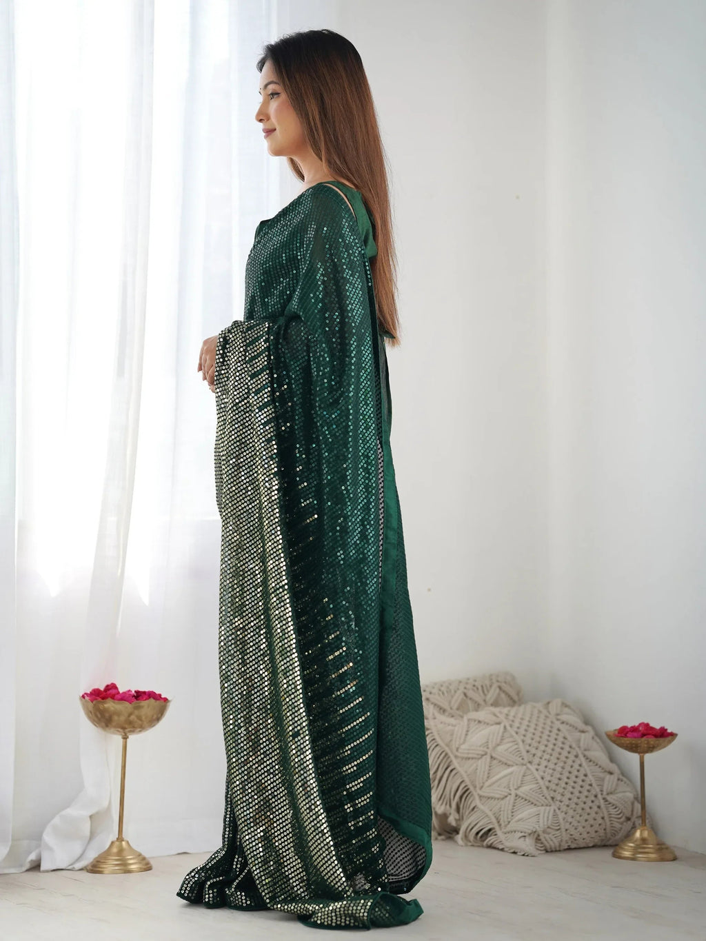 Green Astonishing Sequins Georgette Reception Wear Saree With Blouse