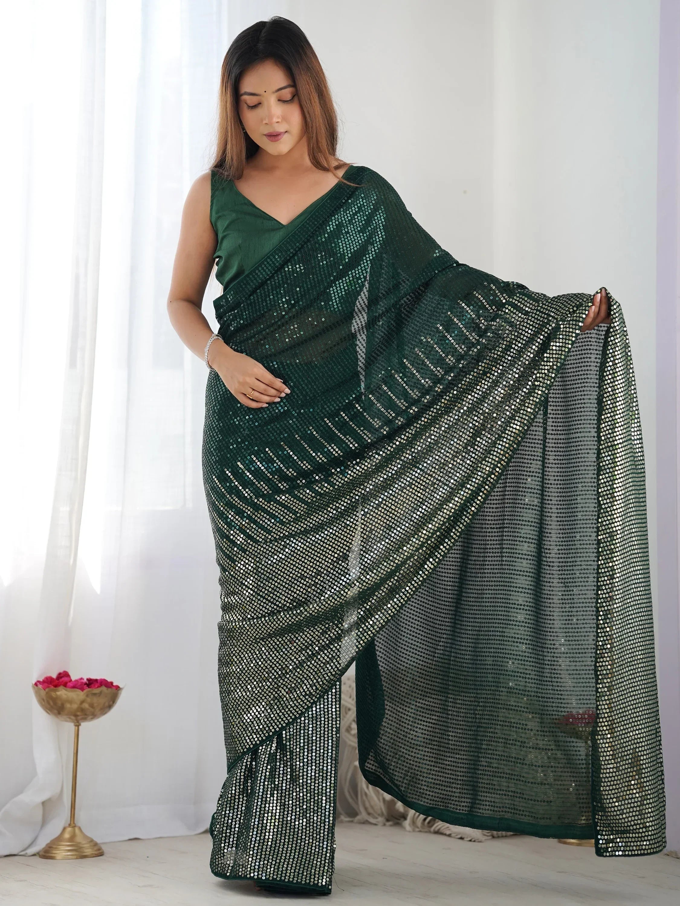 Green Astonishing Sequins Georgette Reception Wear Saree With Blouse