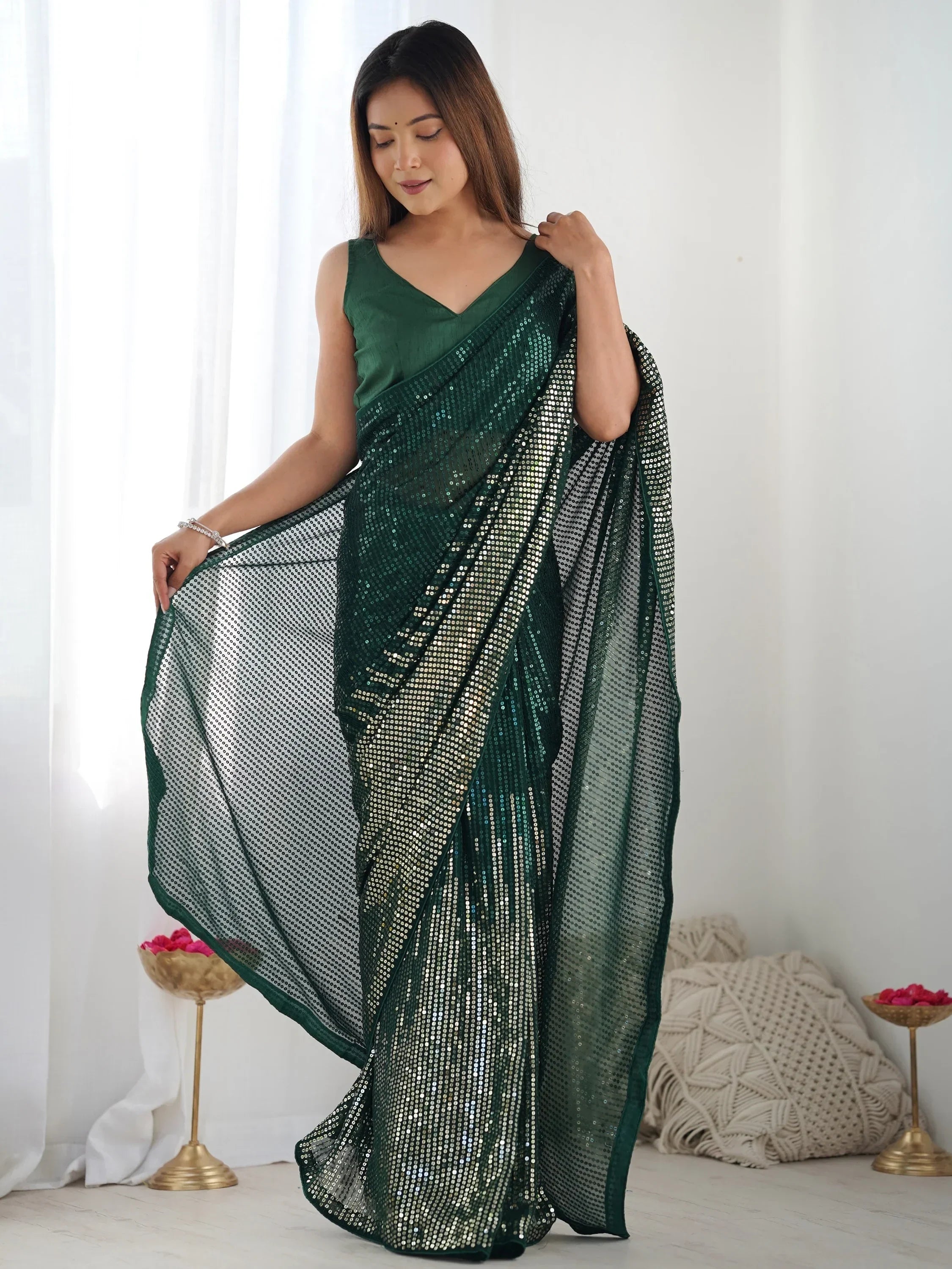 Green Astonishing Sequins Georgette Reception Wear Saree With Blouse
