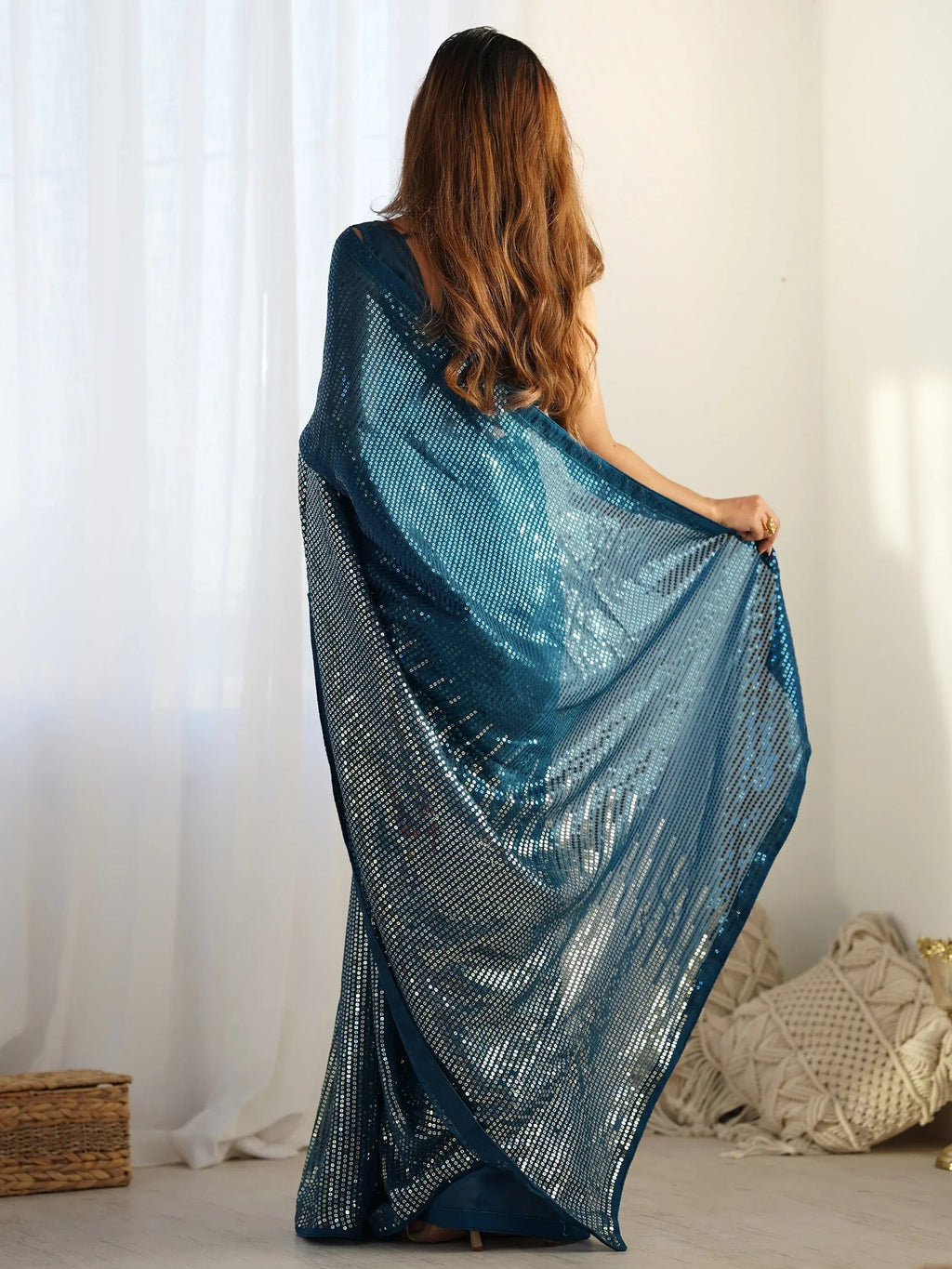 Teal Astonishing Sequins Georgette Reception Wear Saree With Blouse
