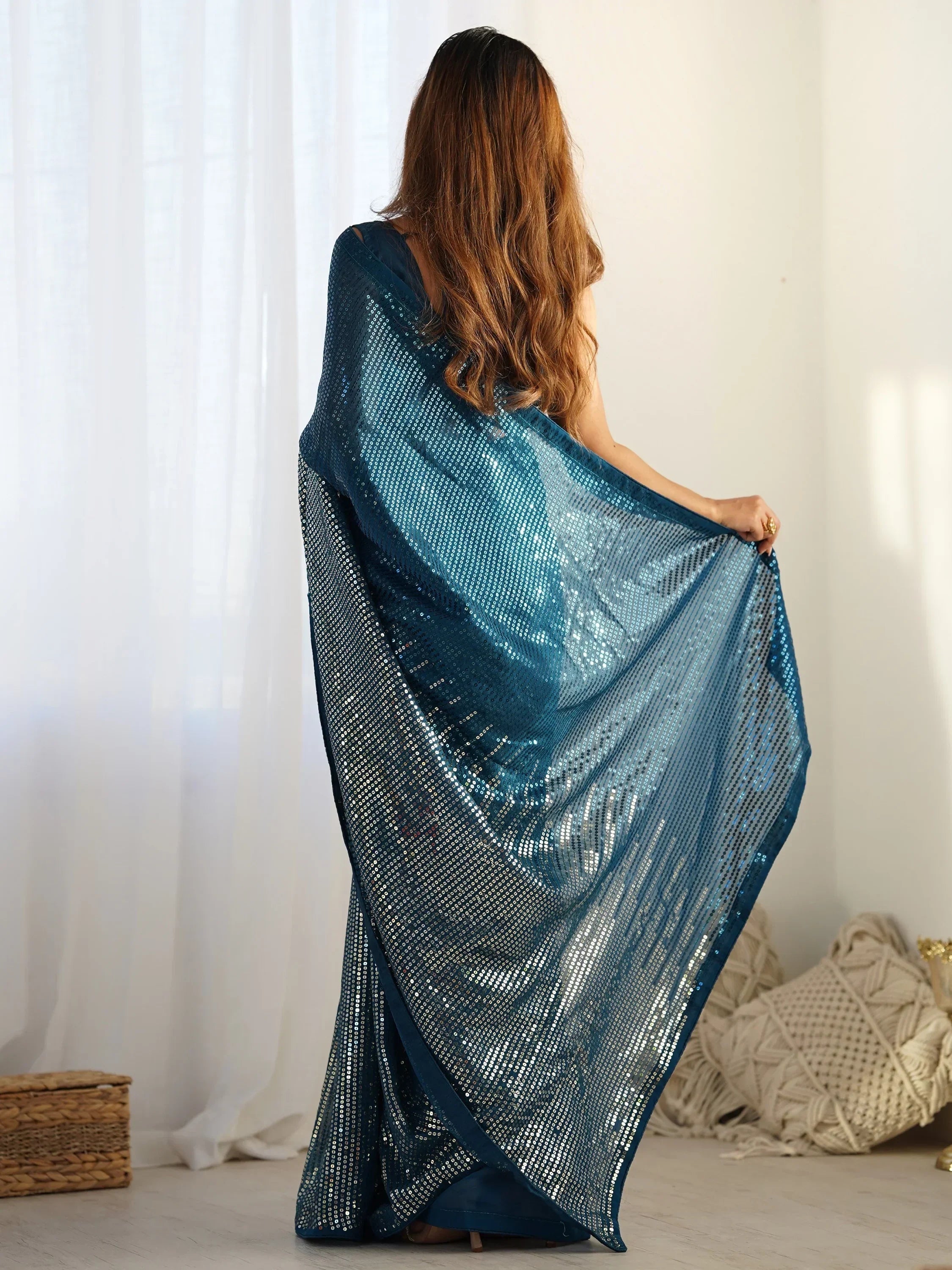 Teal Astonishing Sequins Georgette Reception Wear Saree With Blouse