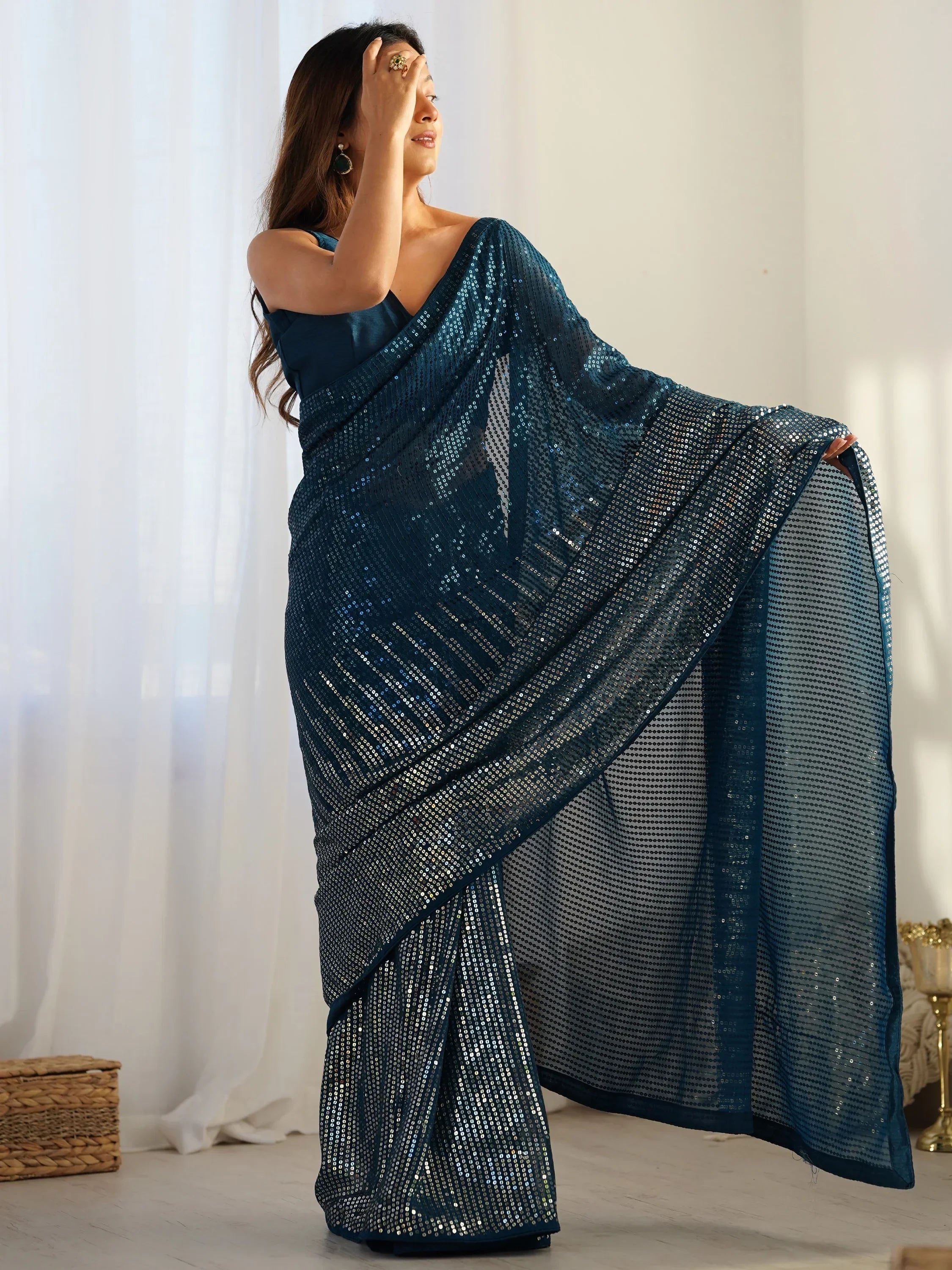 Teal Astonishing Sequins Georgette Reception Wear Saree With Blouse