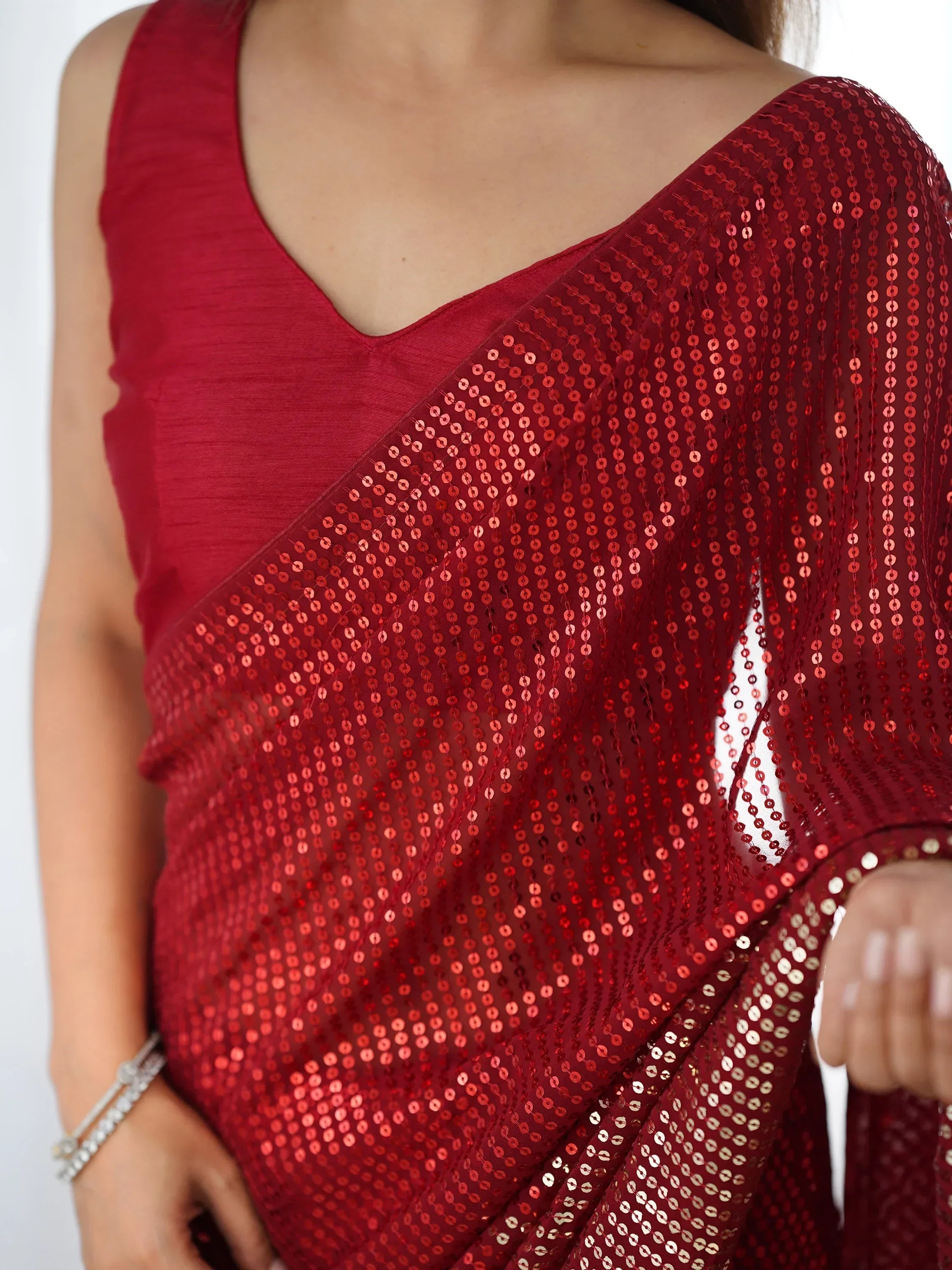 Red Astonishing Sequins Georgette Reception Wear Saree With Blouse