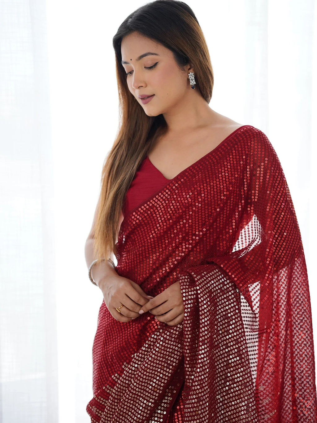 Red Astonishing Sequins Georgette Reception Wear Saree With Blouse