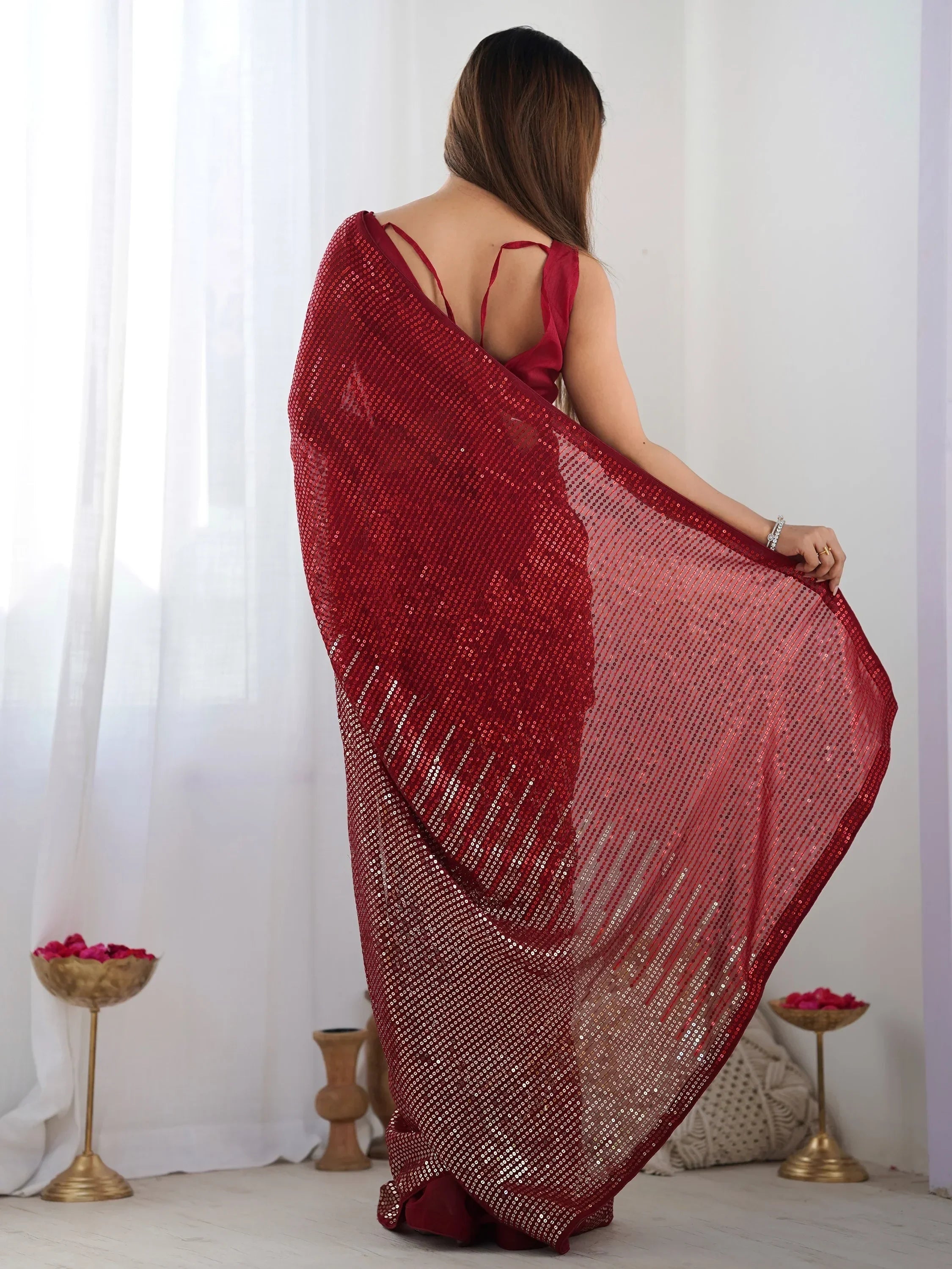 Red Astonishing Sequins Georgette Reception Wear Saree With Blouse