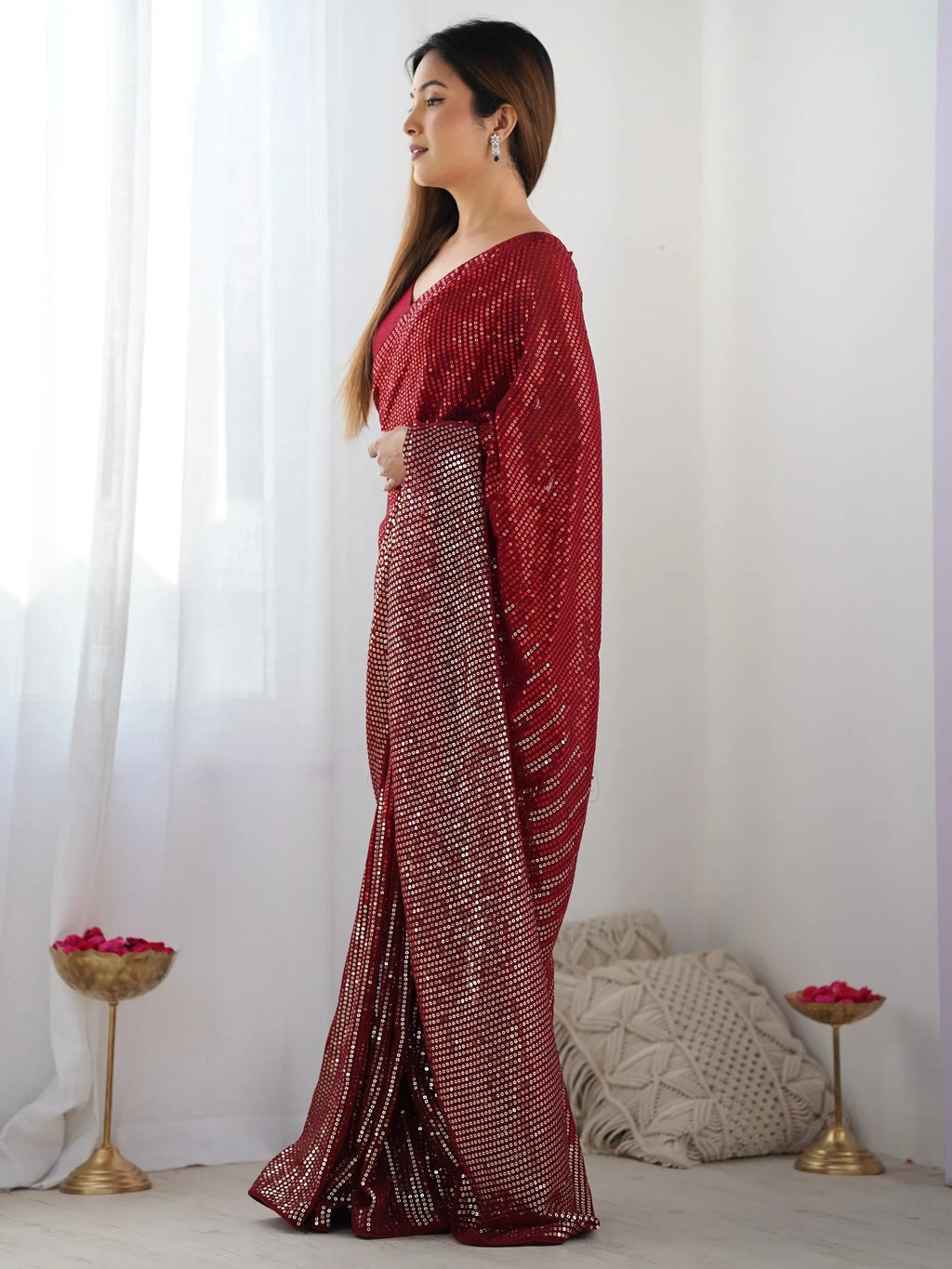 Red Astonishing Sequins Georgette Reception Wear Saree With Blouse