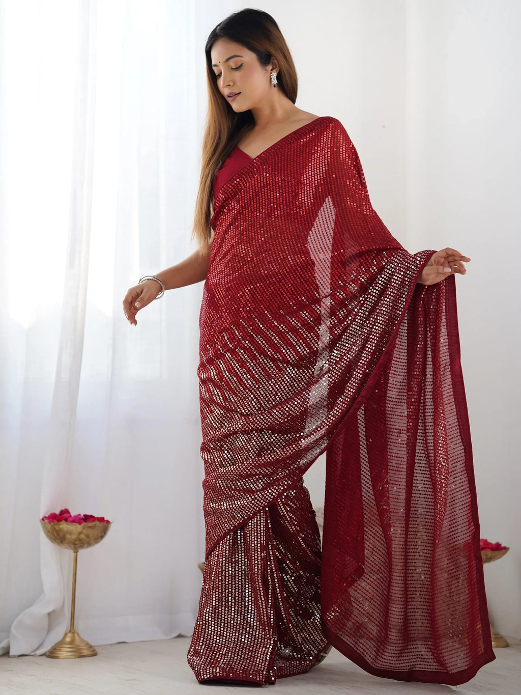 Red Astonishing Sequins Georgette Reception Wear Saree With Blouse