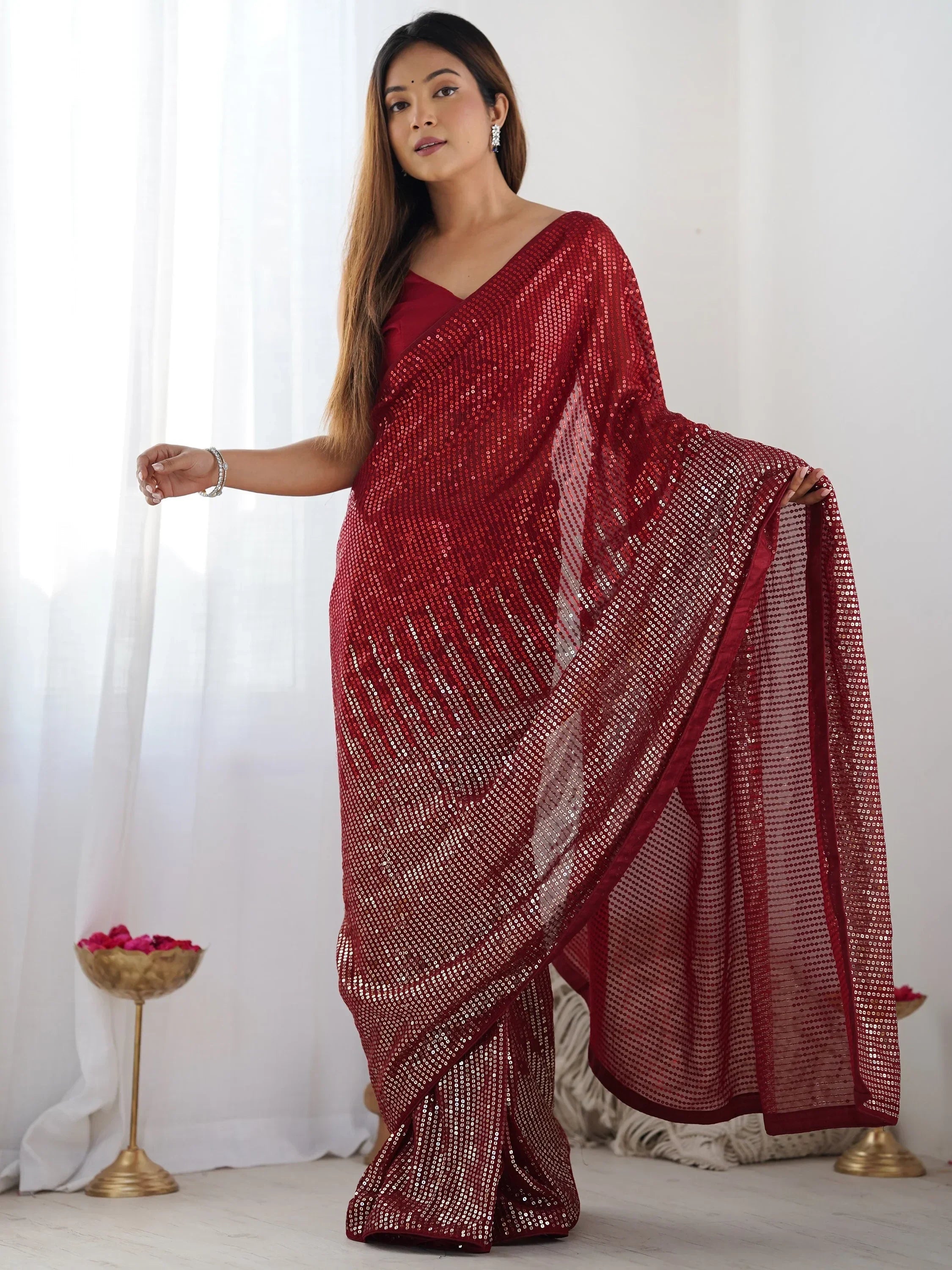 Red Astonishing Sequins Georgette Reception Wear Saree With Blouse