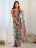 Green Attractive Digital Printed Chinon Festival Wear Saree With Blouse