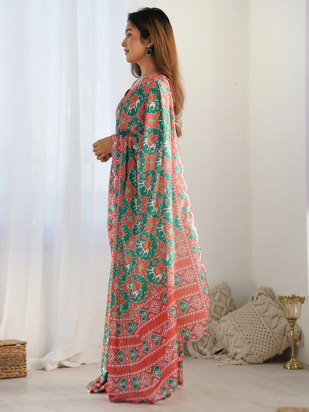 Green Attractive Digital Printed Chinon Festival Wear Saree With Blouse