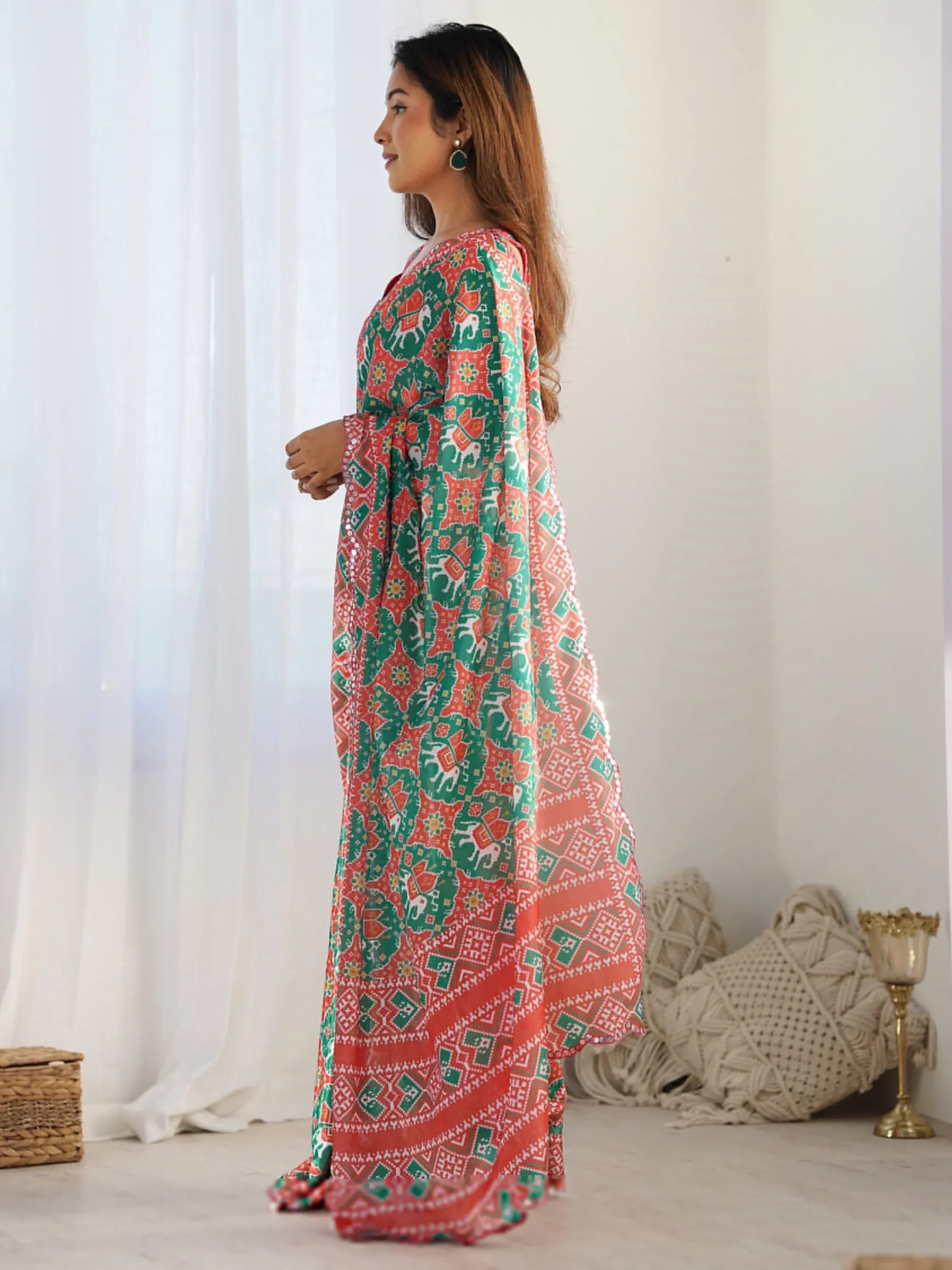 Green Attractive Digital Printed Chinon Festival Wear Saree With Blouse