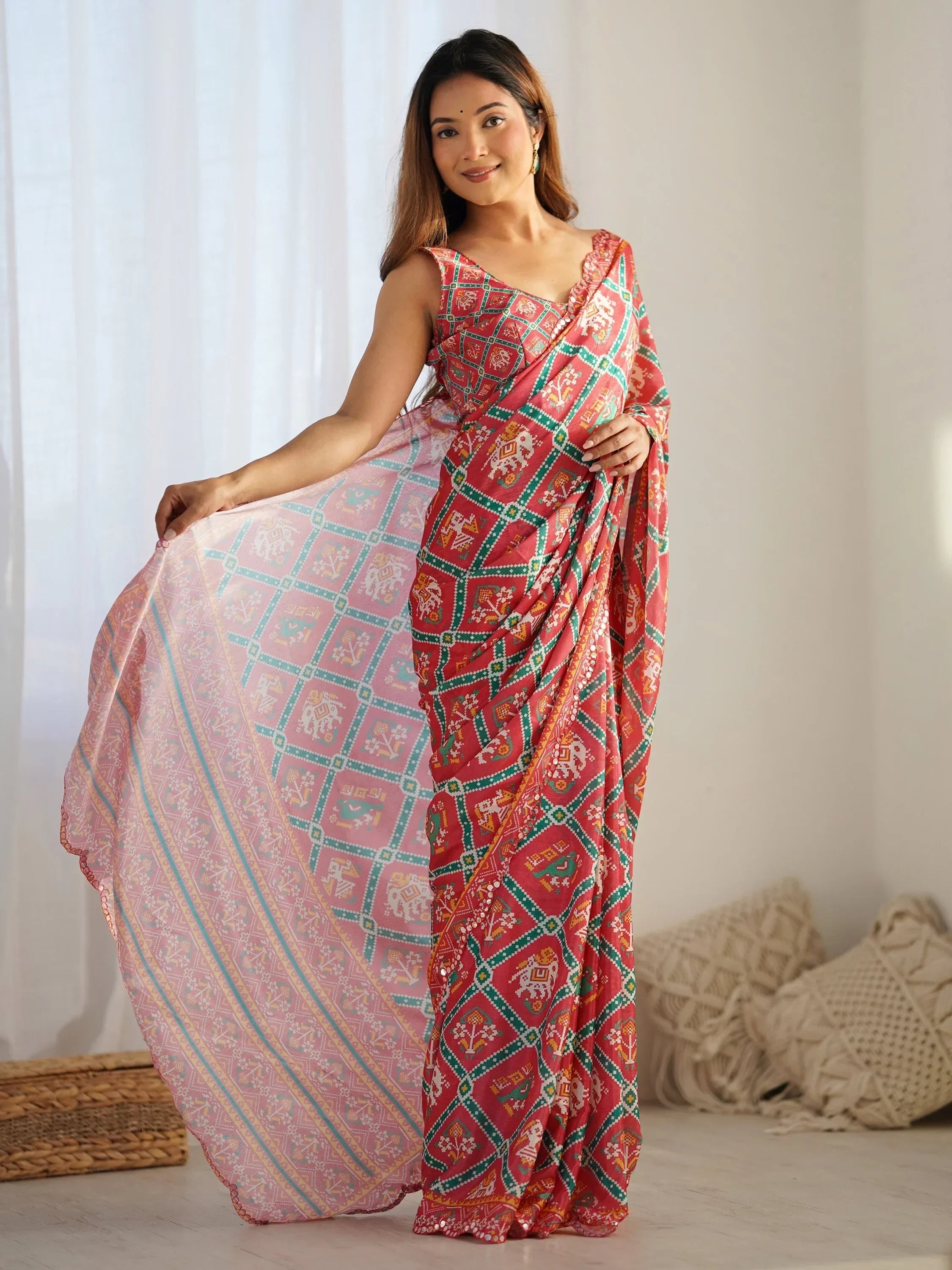 Red Attractive Digital Printed Chinon Festival Wear Saree With Blouse