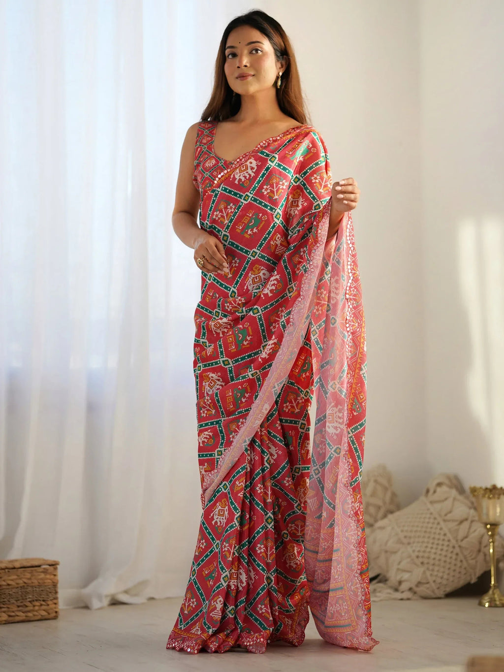Red Attractive Digital Printed Chinon Festival Wear Saree With Blouse