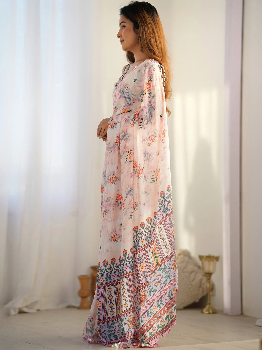 Cream Attractive Digital Printed Chinon Festival Wear Saree With Blouse