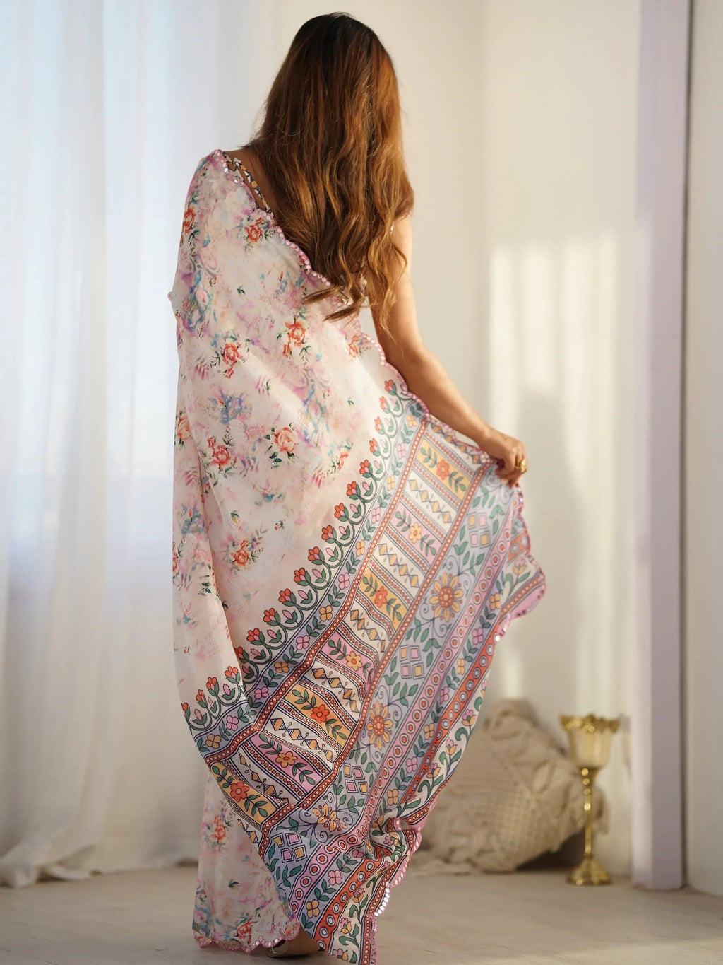 Cream Attractive Digital Printed Chinon Festival Wear Saree With Blouse