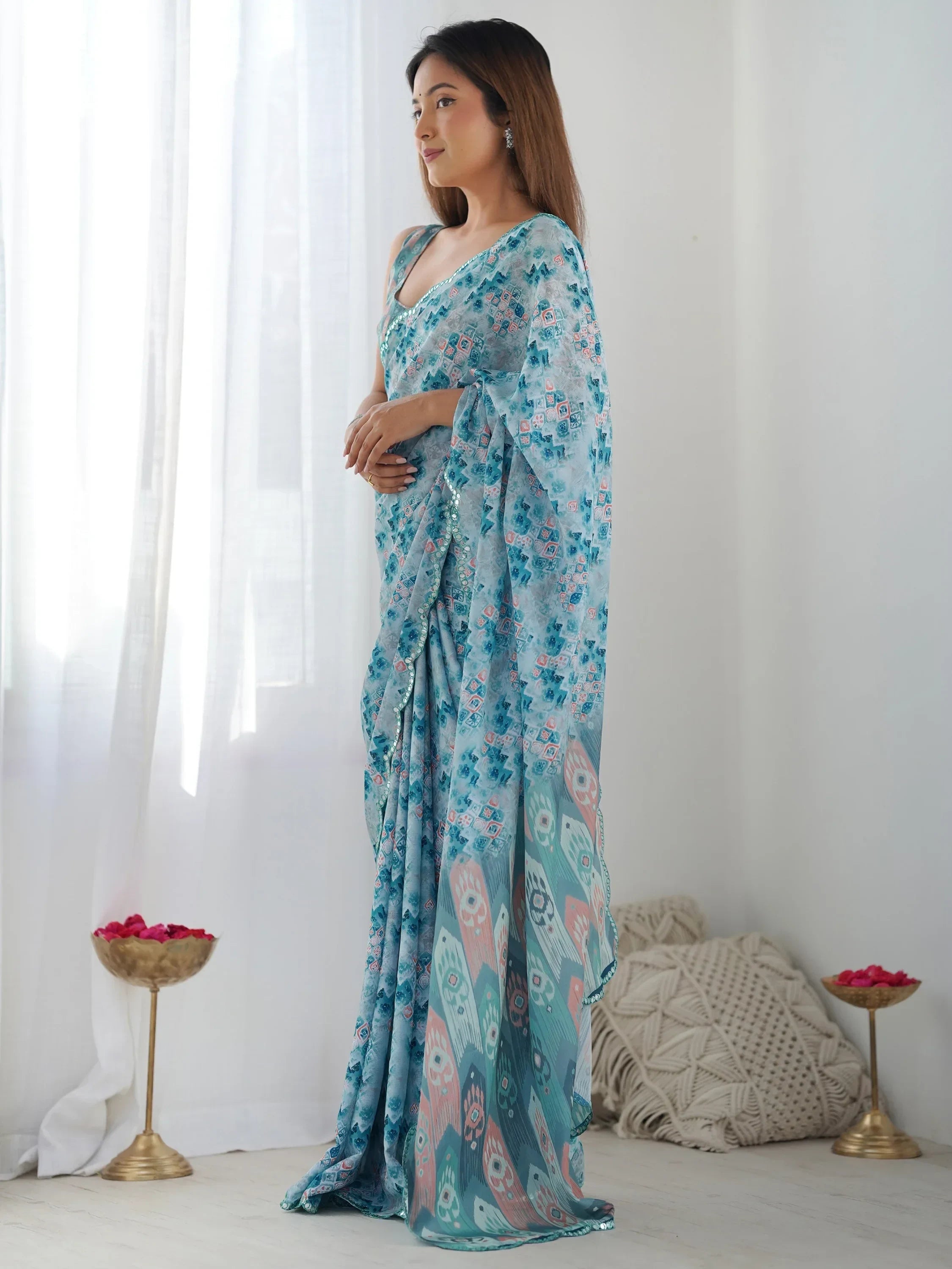 Sky Blue Attractive Digital Printed Chinon Festival Wear Saree With Blouse