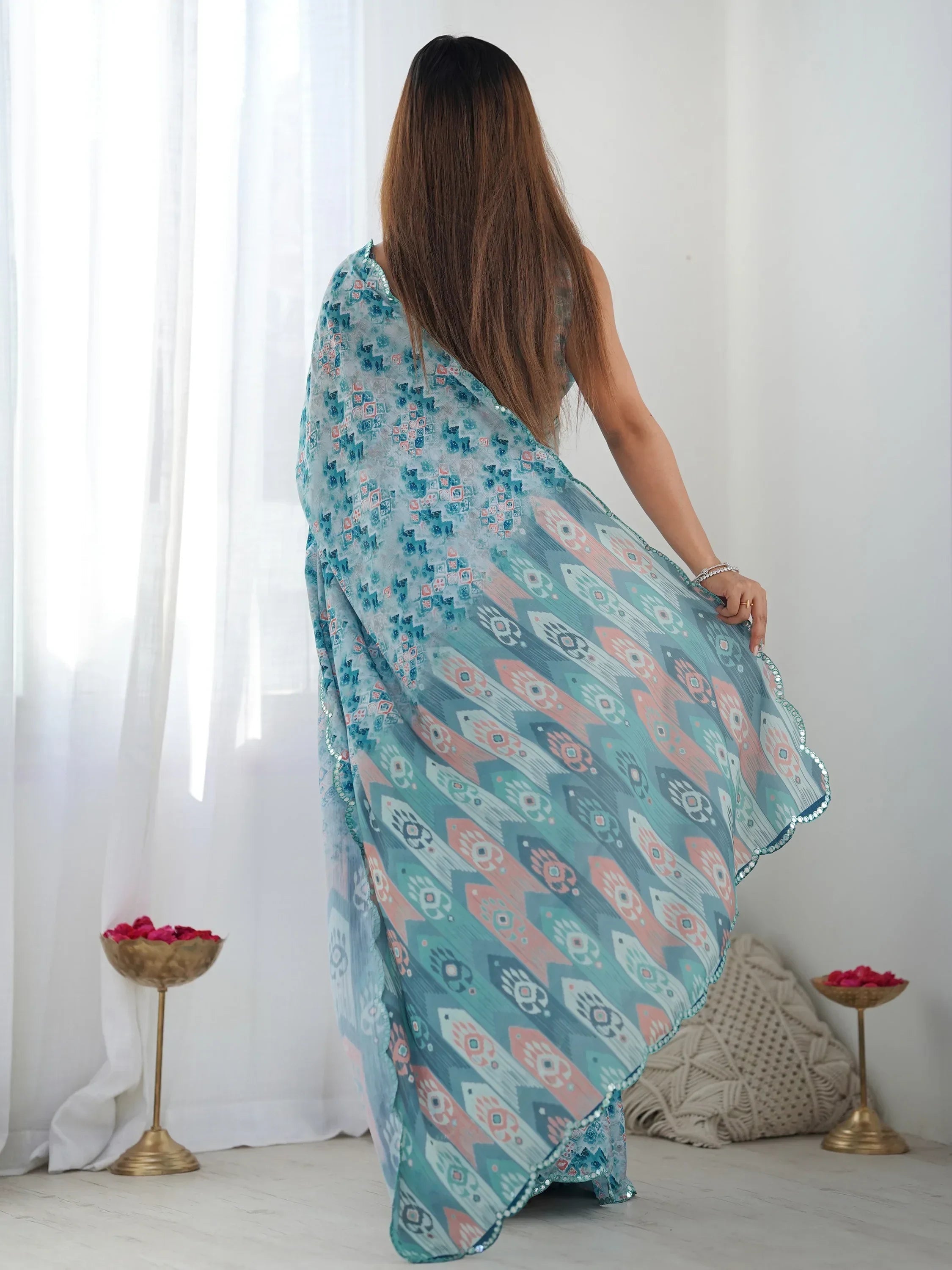Sky Blue Attractive Digital Printed Chinon Festival Wear Saree With Blouse