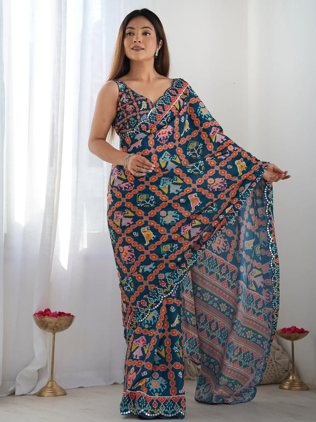 Navy Attractive Digital Printed Chinon Festival Wear Saree With Blouse