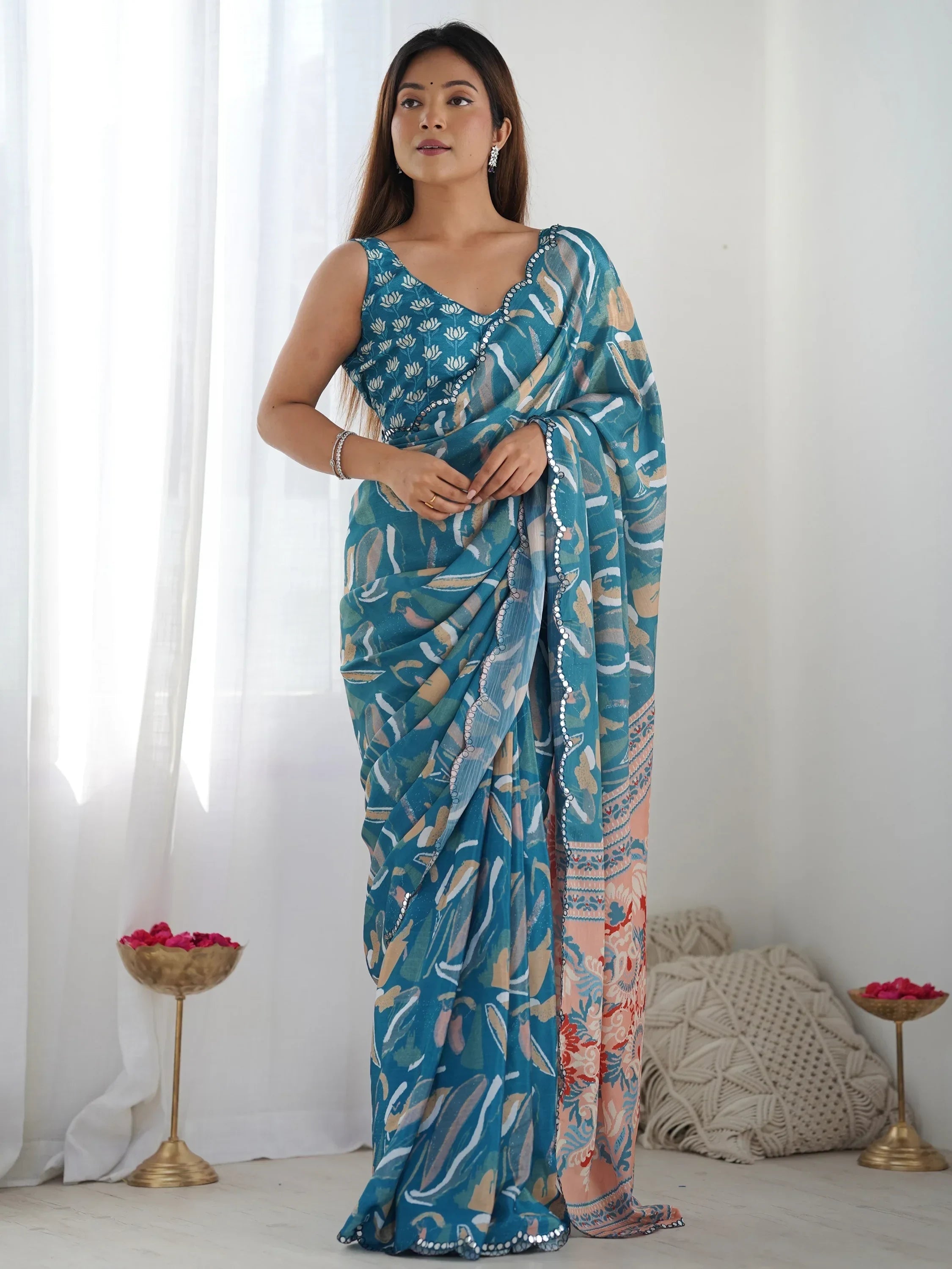 Teal Attractive Digital Printed Chinon Festival Wear Saree With Blouse