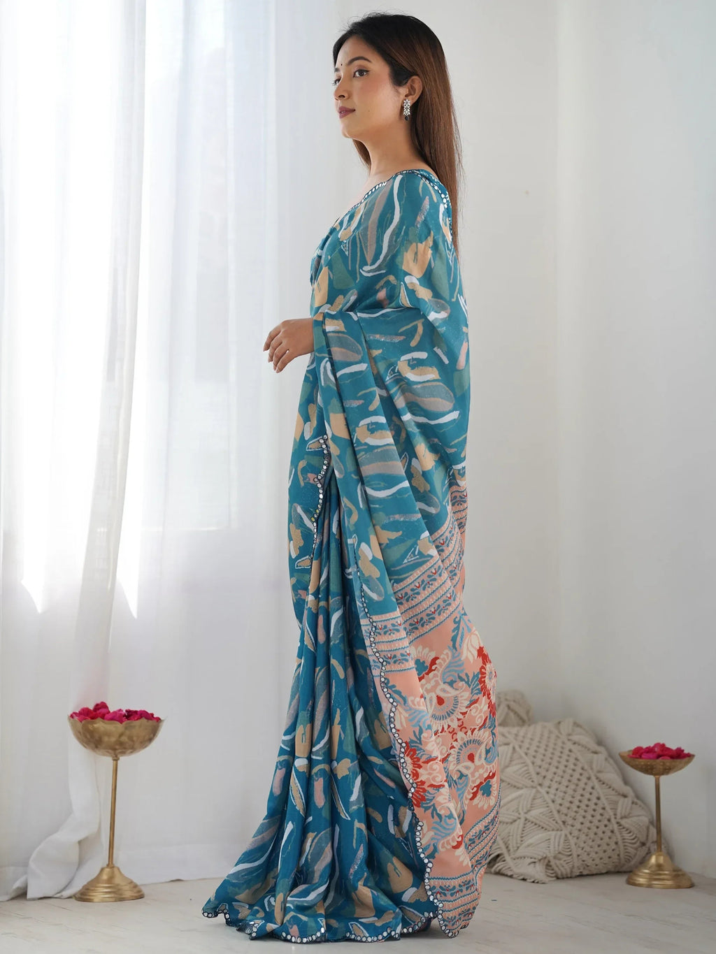 Teal Attractive Digital Printed Chinon Festival Wear Saree With Blouse