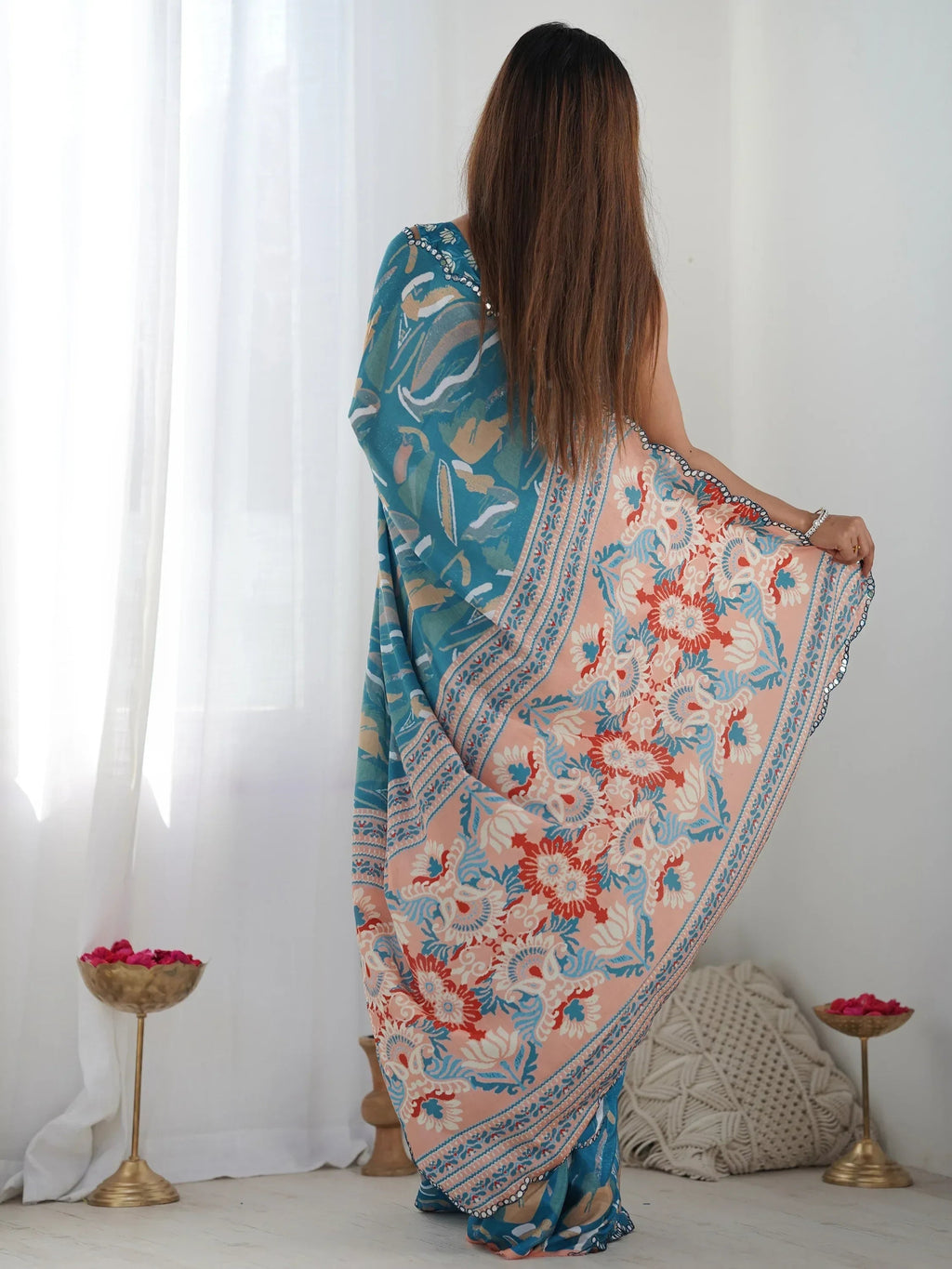 Teal Attractive Digital Printed Chinon Festival Wear Saree With Blouse