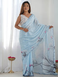 Wonderful Sky Blue Floral Printed Chinon Event Wear Saree With Blouse
