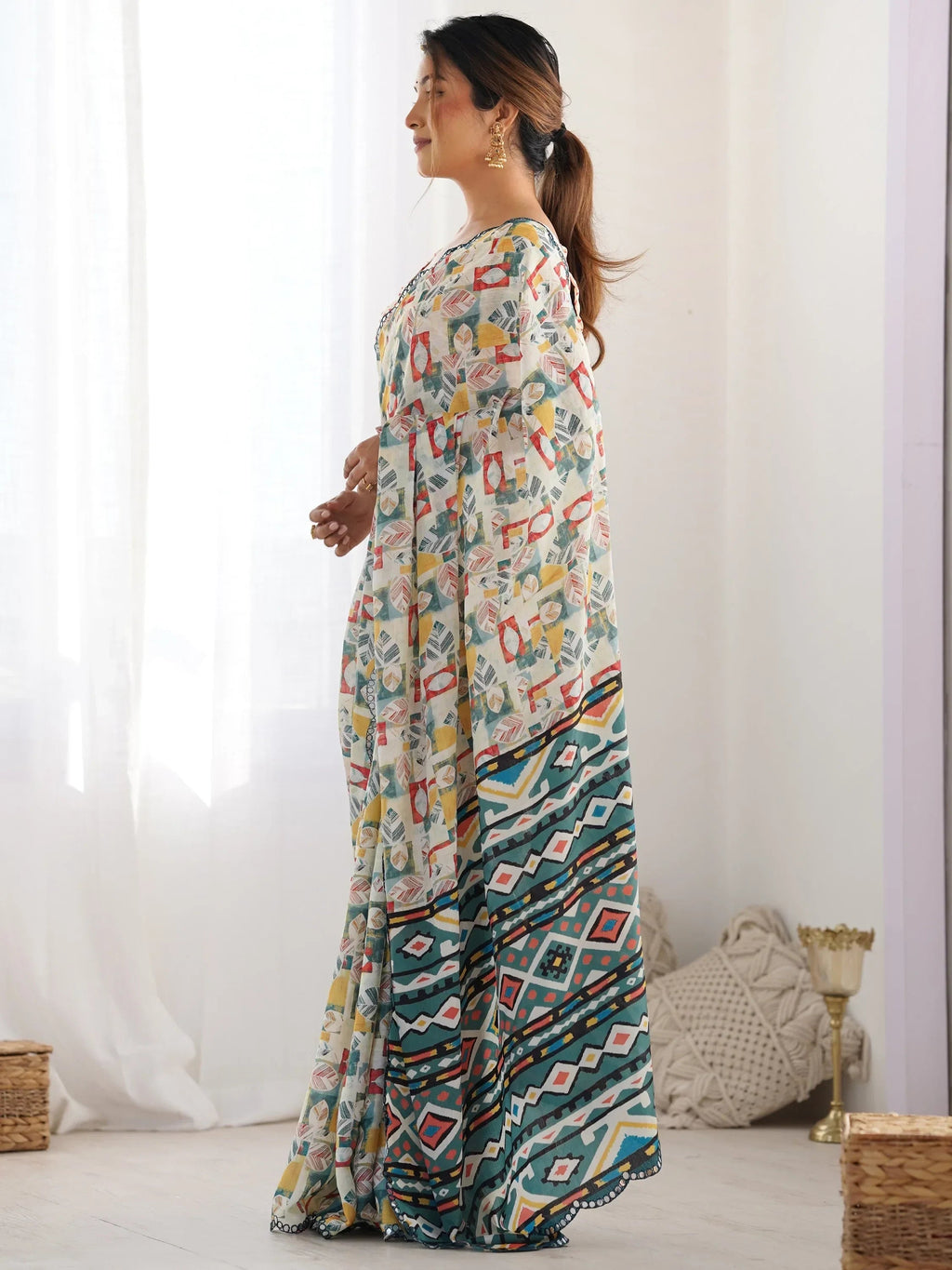 Off White Attractive Digital Printed Chinon Festival Wear Saree With Blouse