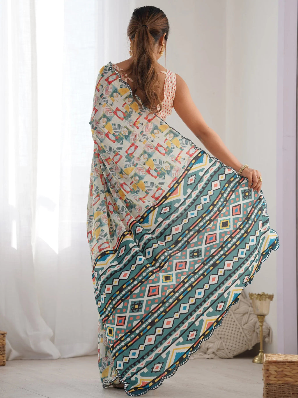 Off White Attractive Digital Printed Chinon Festival Wear Saree With Blouse