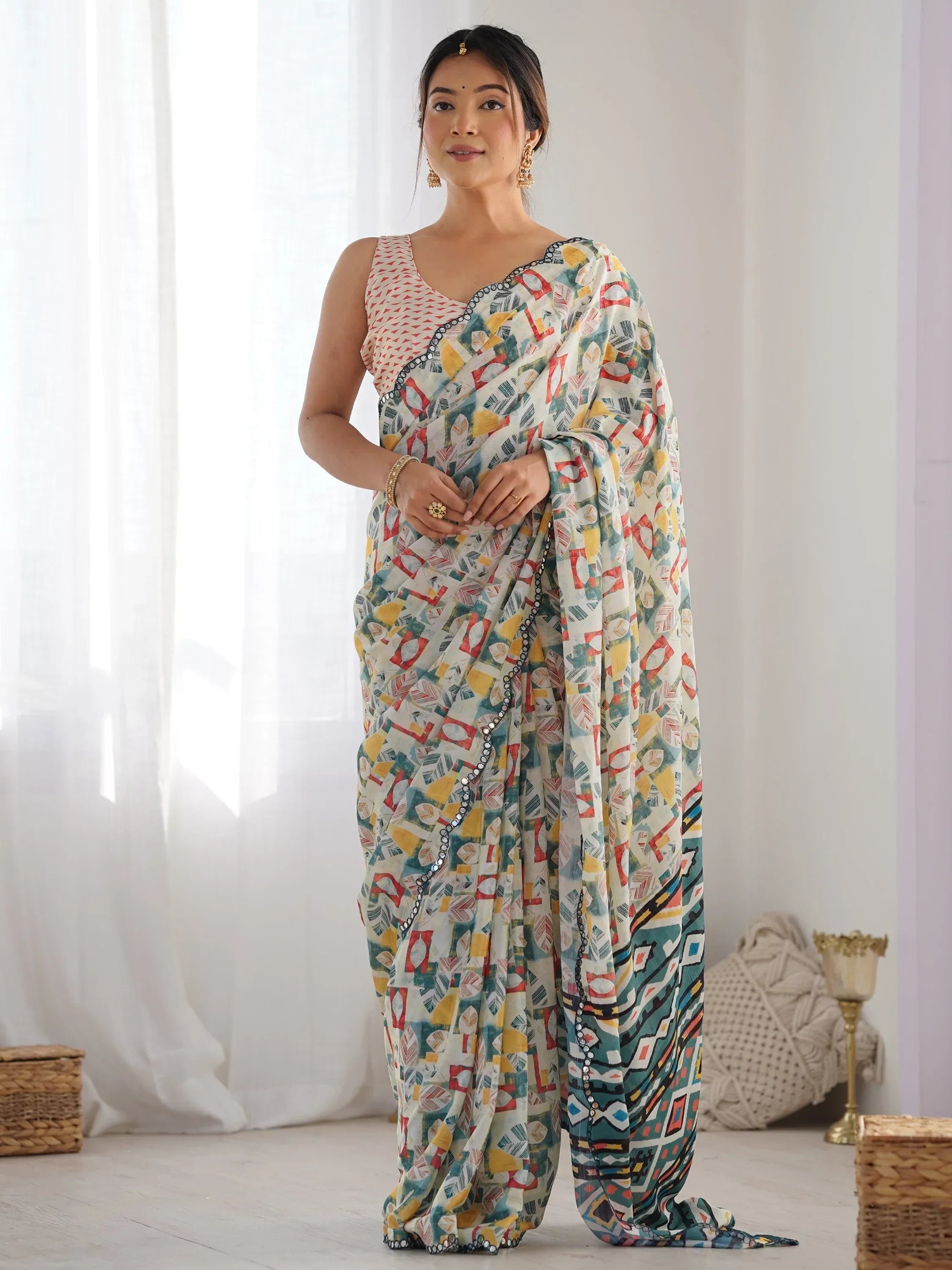 Off White Attractive Digital Printed Chinon Festival Wear Saree With Blouse