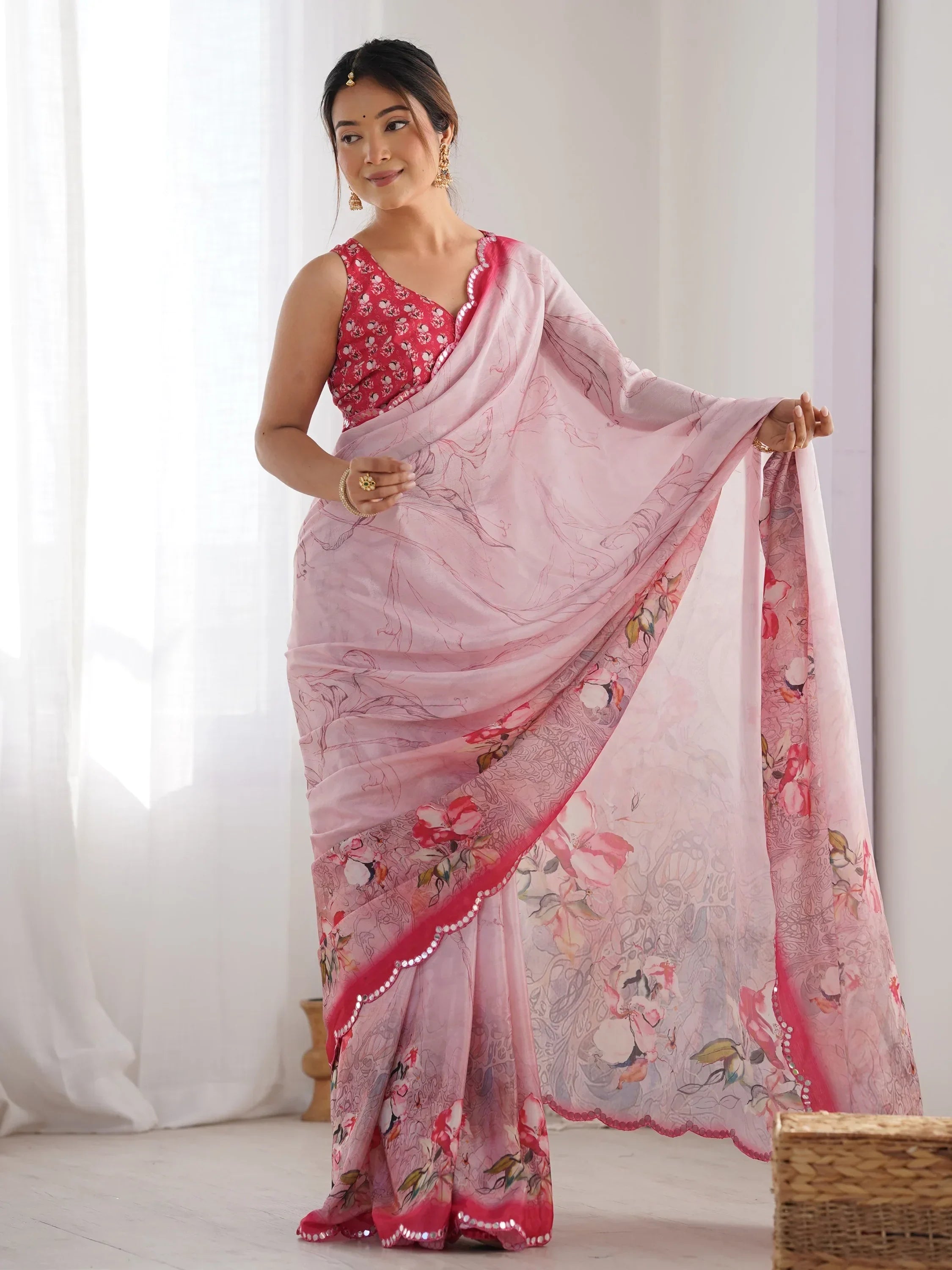 Pink Attractive Digital Printed Chinon Festival Wear Saree With Blouse