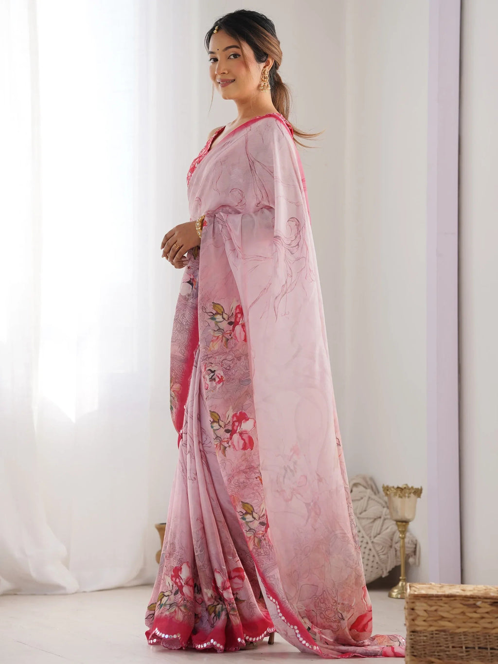 Pink Attractive Digital Printed Chinon Festival Wear Saree With Blouse