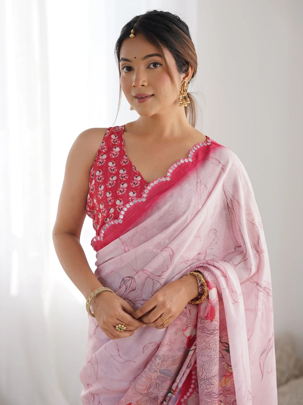 Pink Attractive Digital Printed Chinon Festival Wear Saree With Blouse