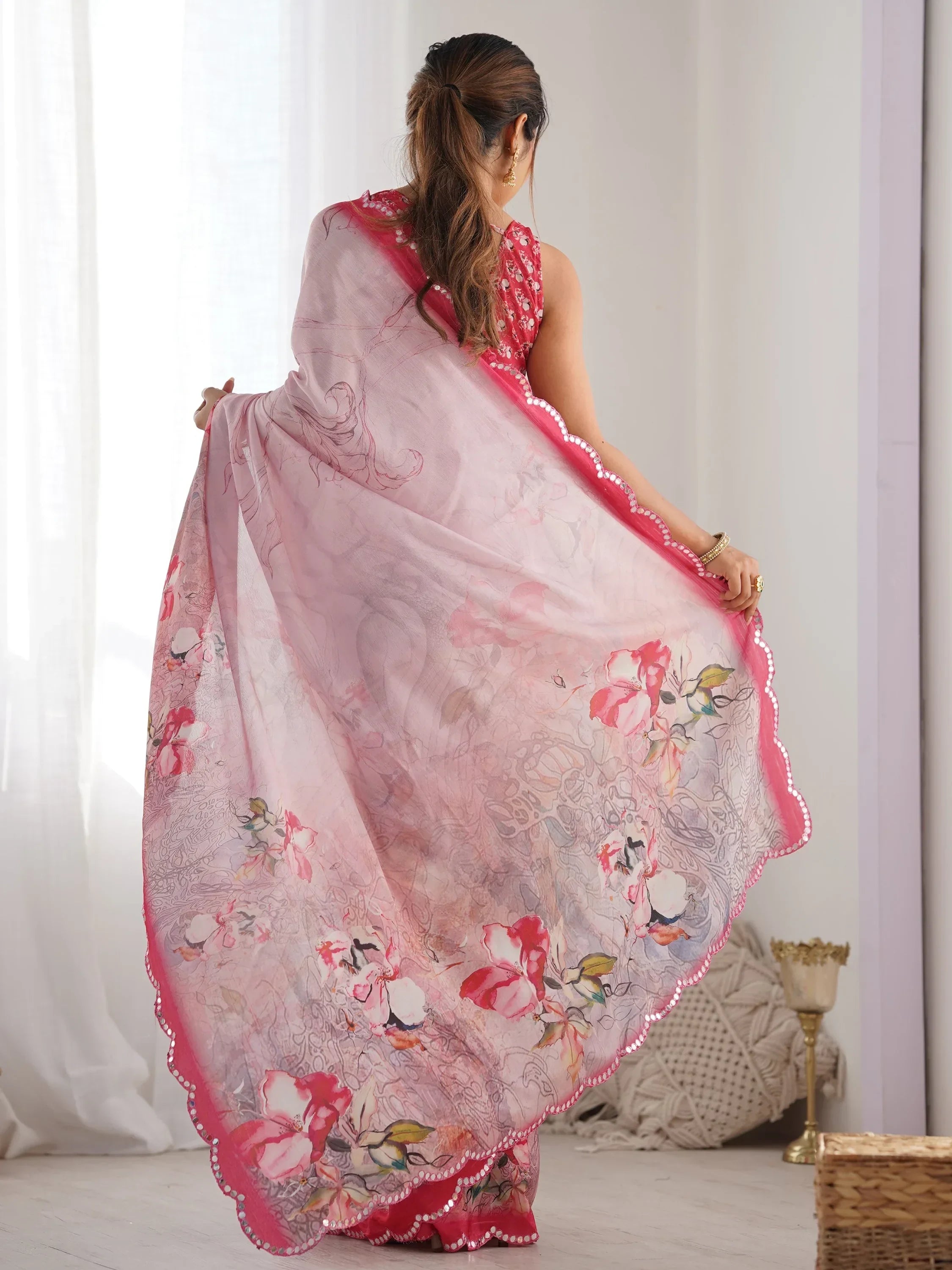 Pink Attractive Digital Printed Chinon Festival Wear Saree With Blouse
