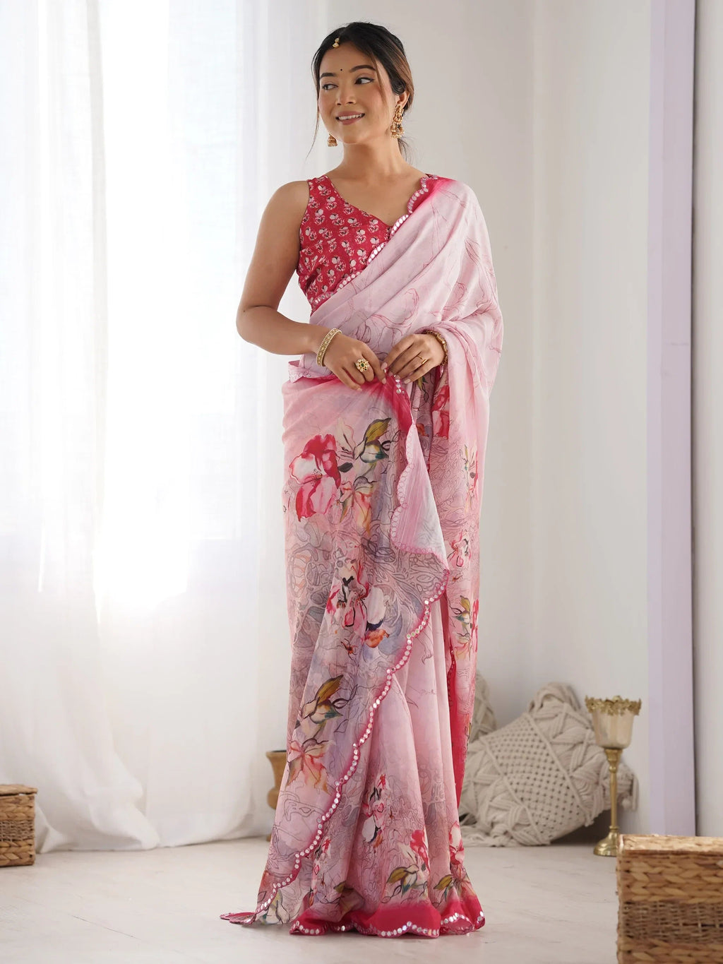 Pink Attractive Digital Printed Chinon Festival Wear Saree With Blouse