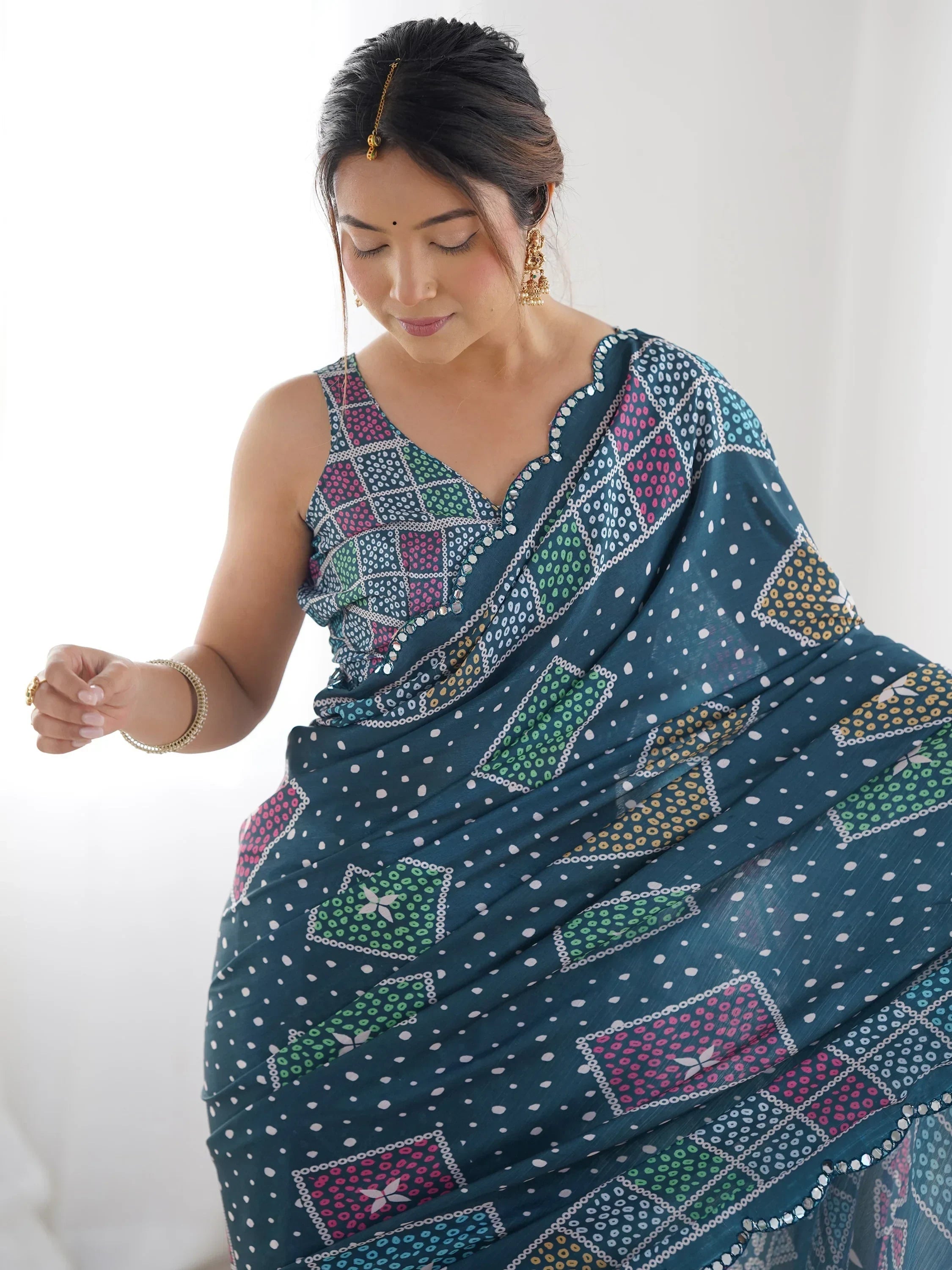 Outstanding Teal Blue Digital Printed Chinon Casual Wear Saree