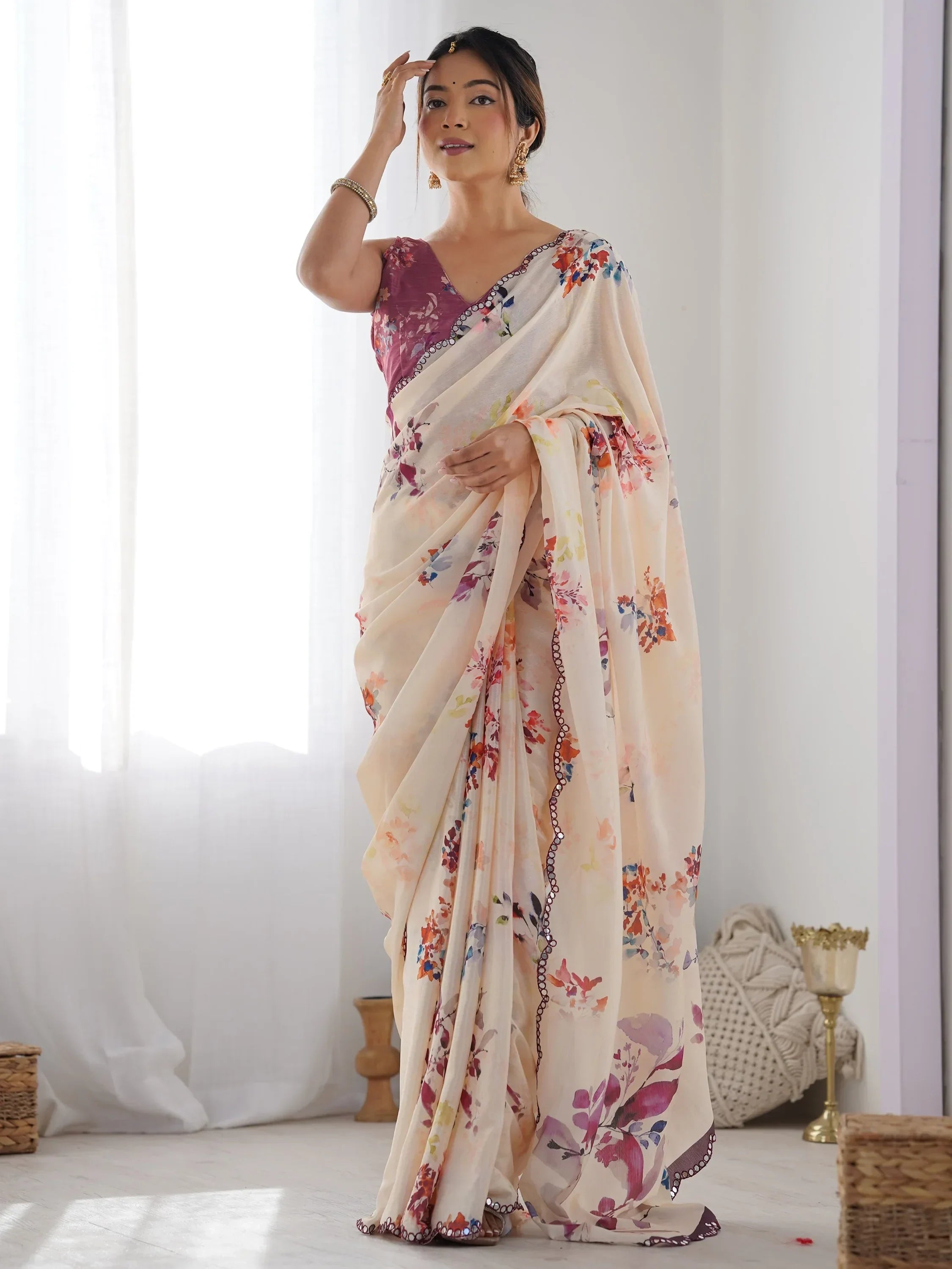 Peach Attractive Digital Printed Chinon Festival Wear Saree With Blouse