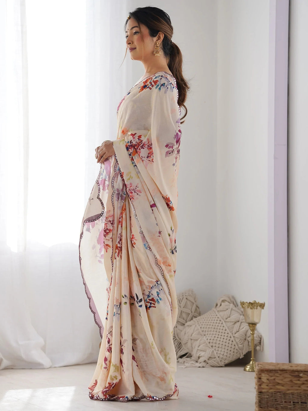 Peach Attractive Digital Printed Chinon Festival Wear Saree With Blouse