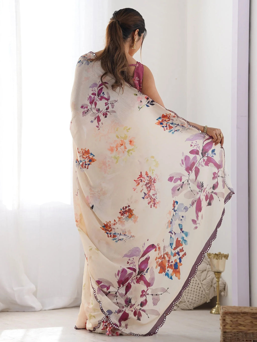Peach Attractive Digital Printed Chinon Festival Wear Saree With Blouse