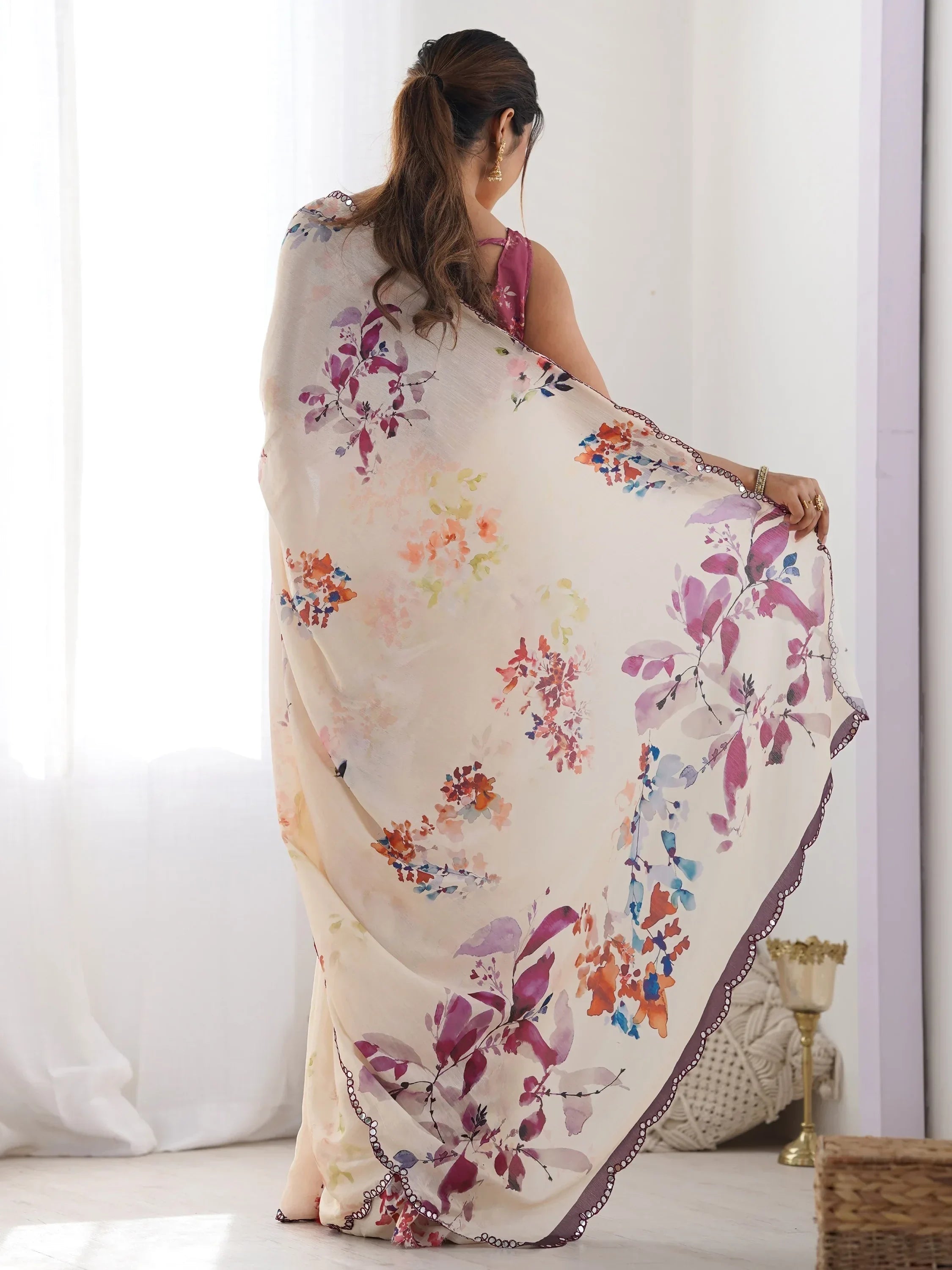 Peach Attractive Digital Printed Chinon Festival Wear Saree With Blouse