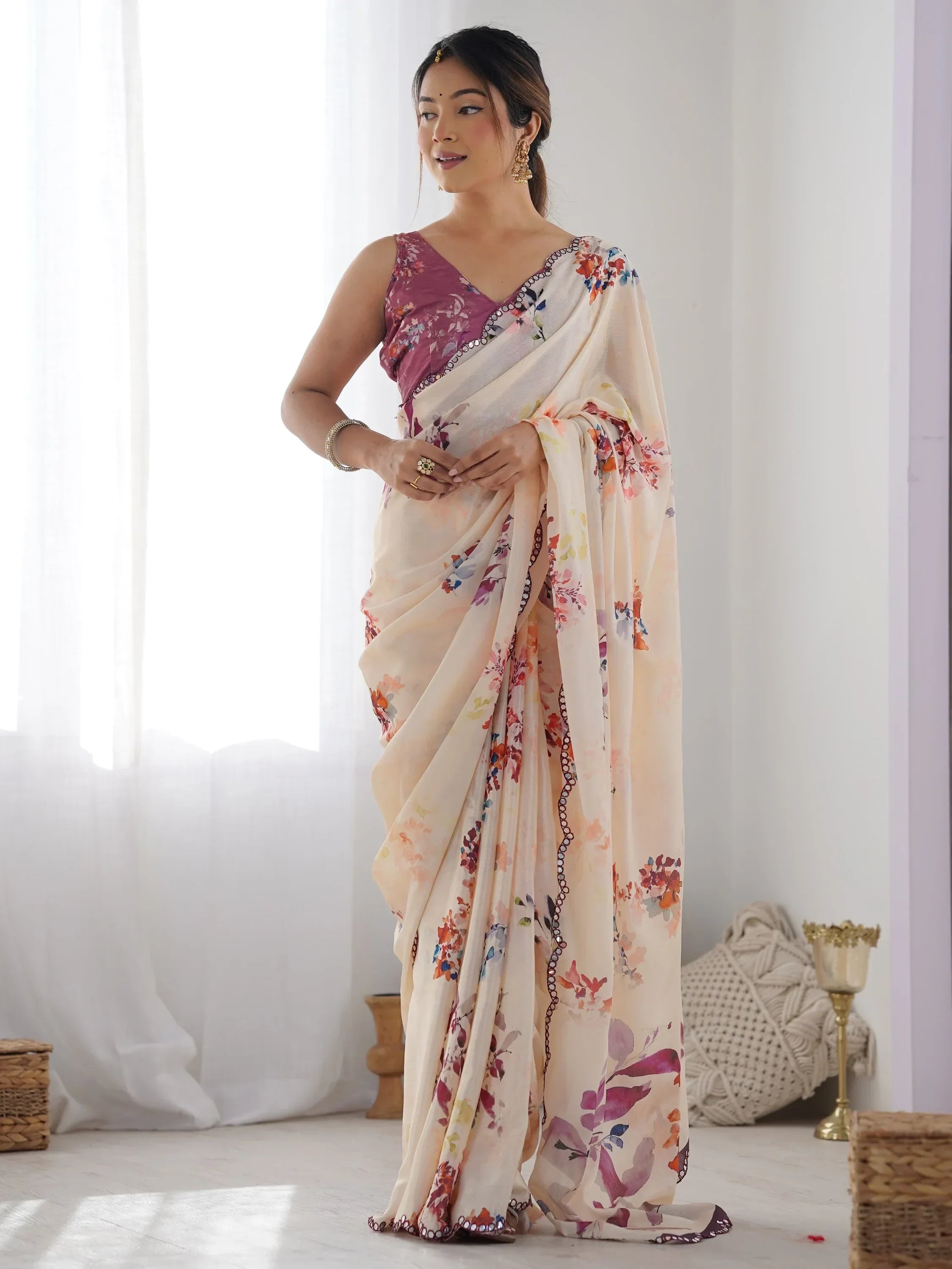 Peach Attractive Digital Printed Chinon Festival Wear Saree With Blouse